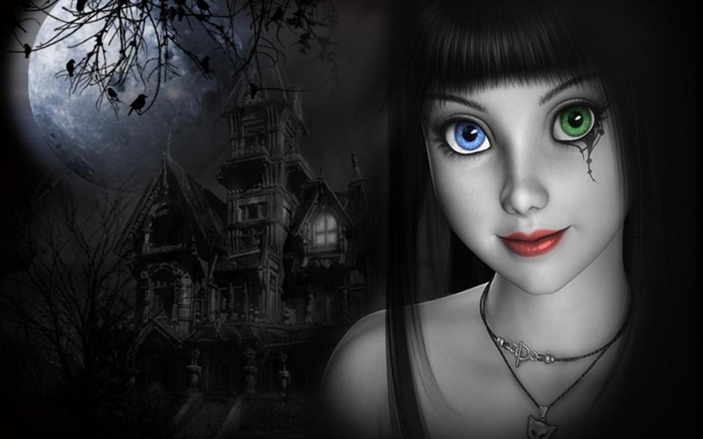Free download wallpaper Fantasy, Moon, Dark, House, Women, Heterochromia, Haunted on your PC desktop