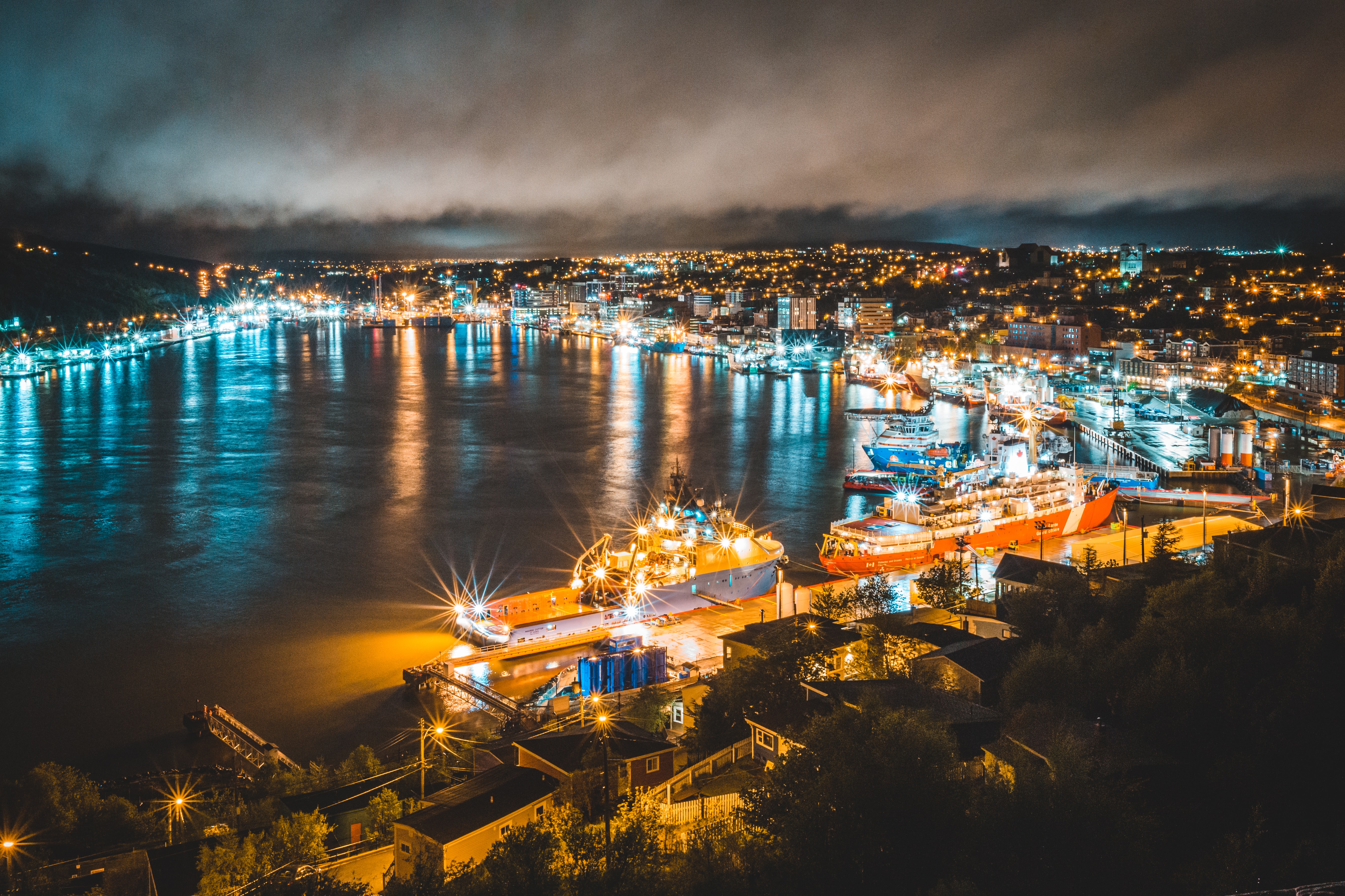 Download background night city, cities, lights, coast, pier, glow, wharf