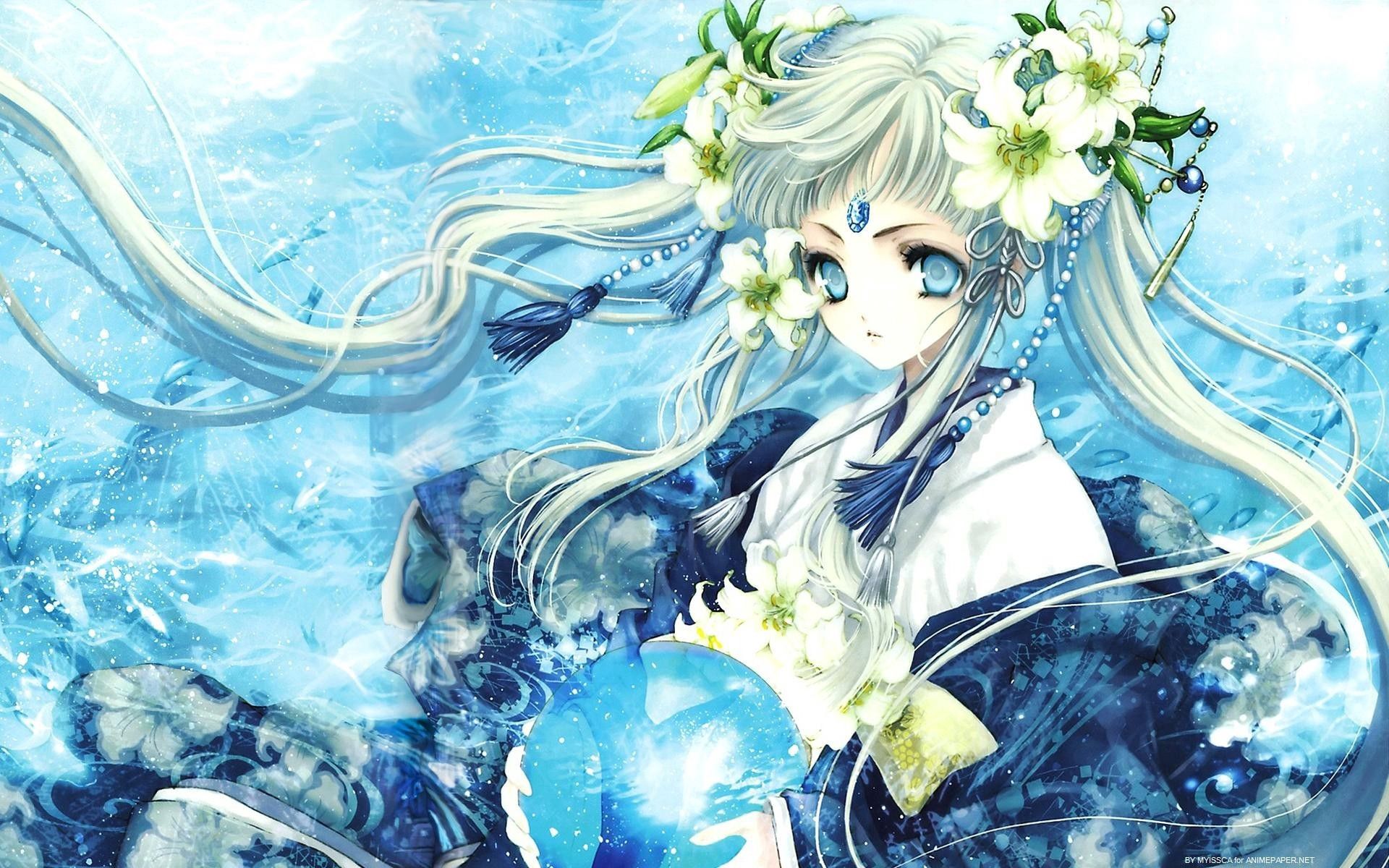 Free download wallpaper Flowers, Blonde, Girl, Anime on your PC desktop