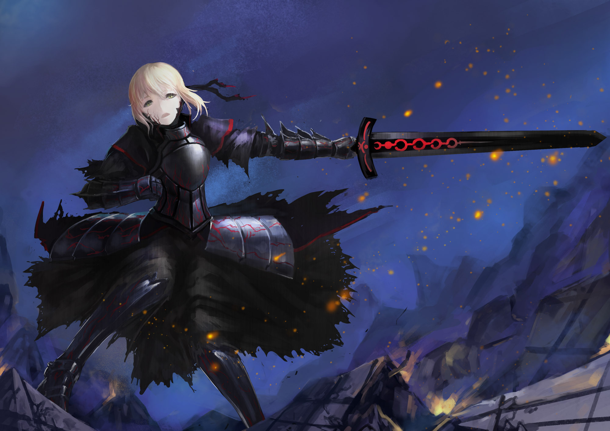 anime, fate/stay night, armor, blonde, excalibur, green eyes, saber alter, short hair, sword, woman warrior, fate series