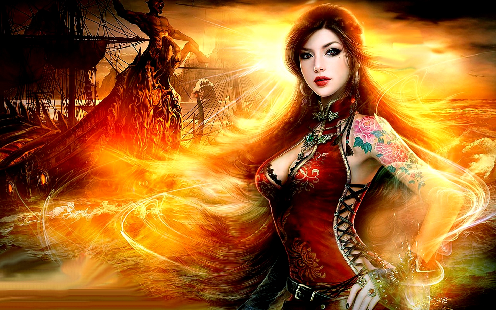 Download mobile wallpaper Fantasy, Tattoo, Ship, Women, Asian for free.