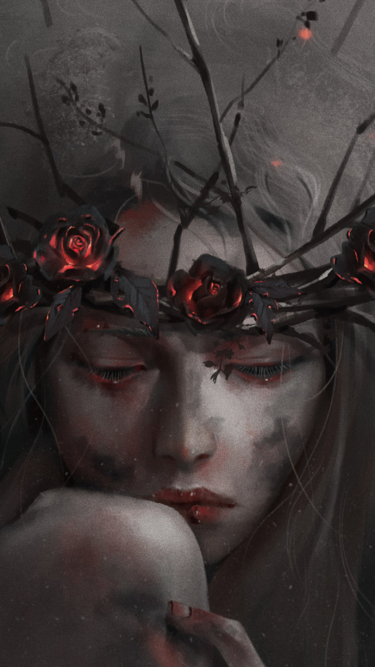 Download mobile wallpaper Fantasy, Sad, Face, Wreath, Women, Crying for free.