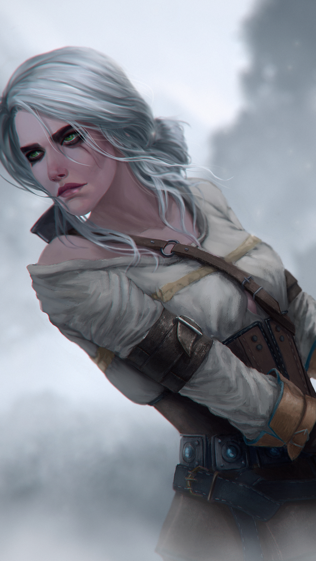 Download mobile wallpaper Silhouette, Sword, Green Eyes, Video Game, White Hair, Woman Warrior, The Witcher, The Witcher 3: Wild Hunt, Ciri (The Witcher) for free.