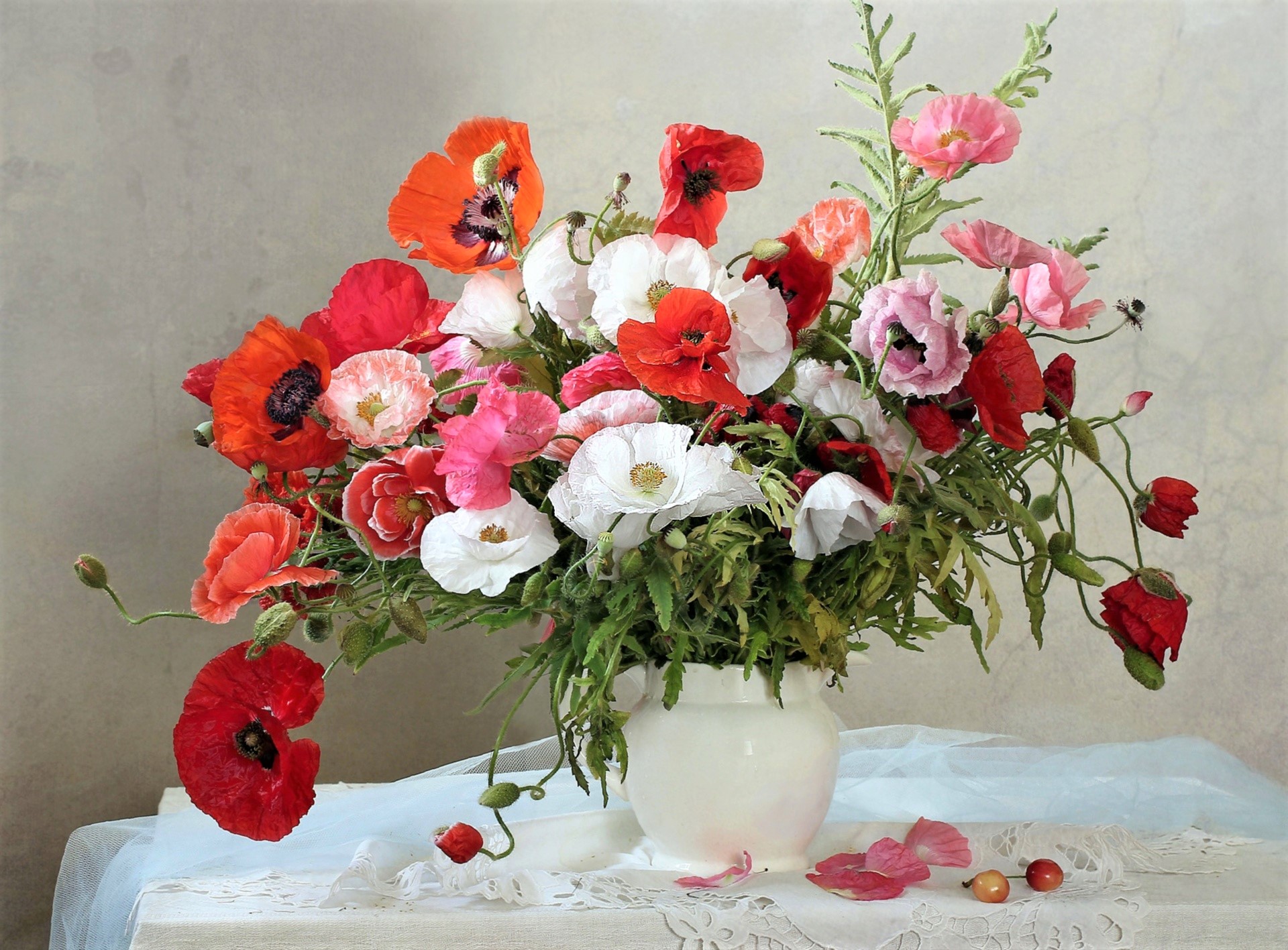 Download mobile wallpaper Still Life, Flower, Vase, Colorful, Poppy, Photography, White Flower, Red Flower, Pink Flower for free.