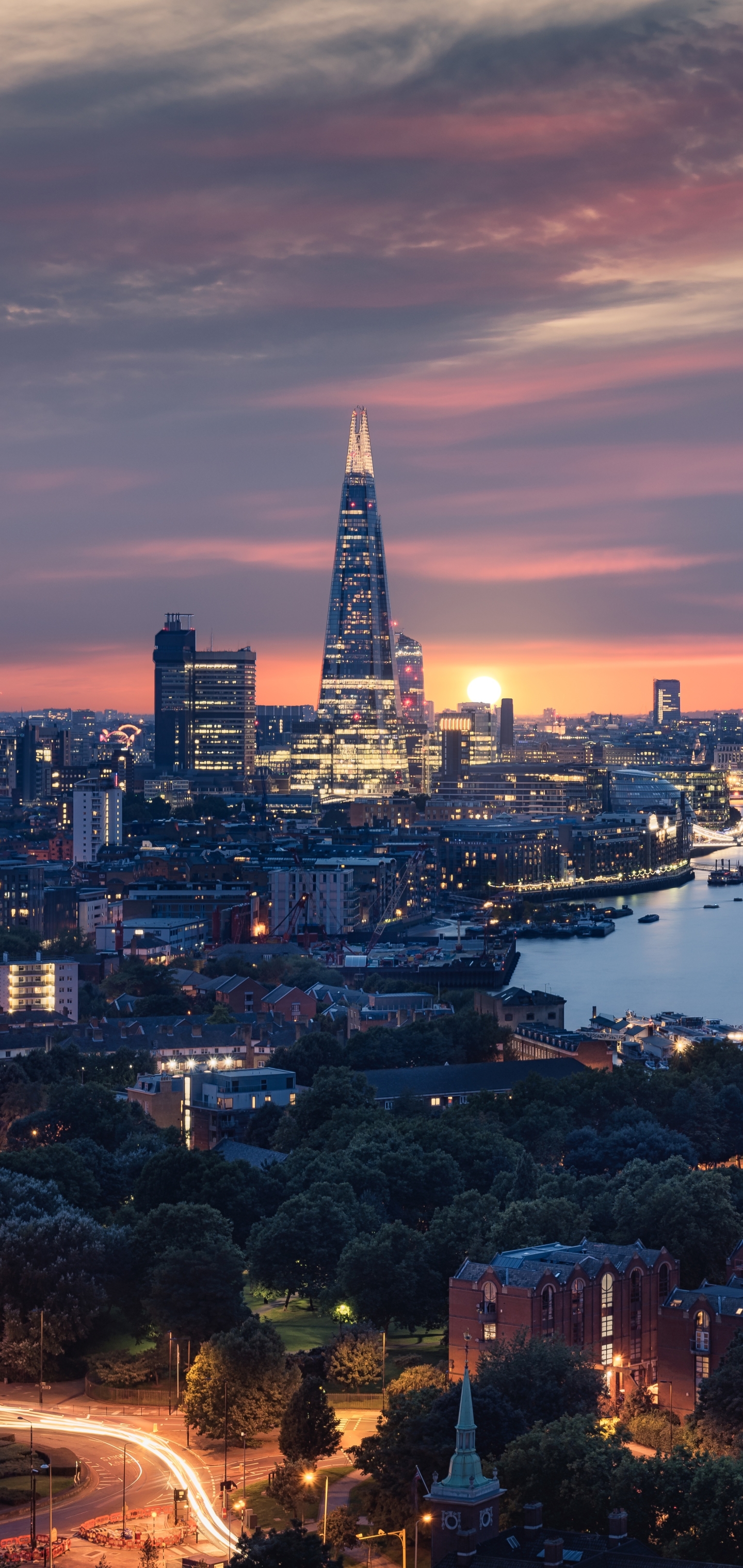 Download mobile wallpaper Cities, Sunset, Night, London, City, Skyscraper, Building, Cityscape, River, England, Man Made for free.