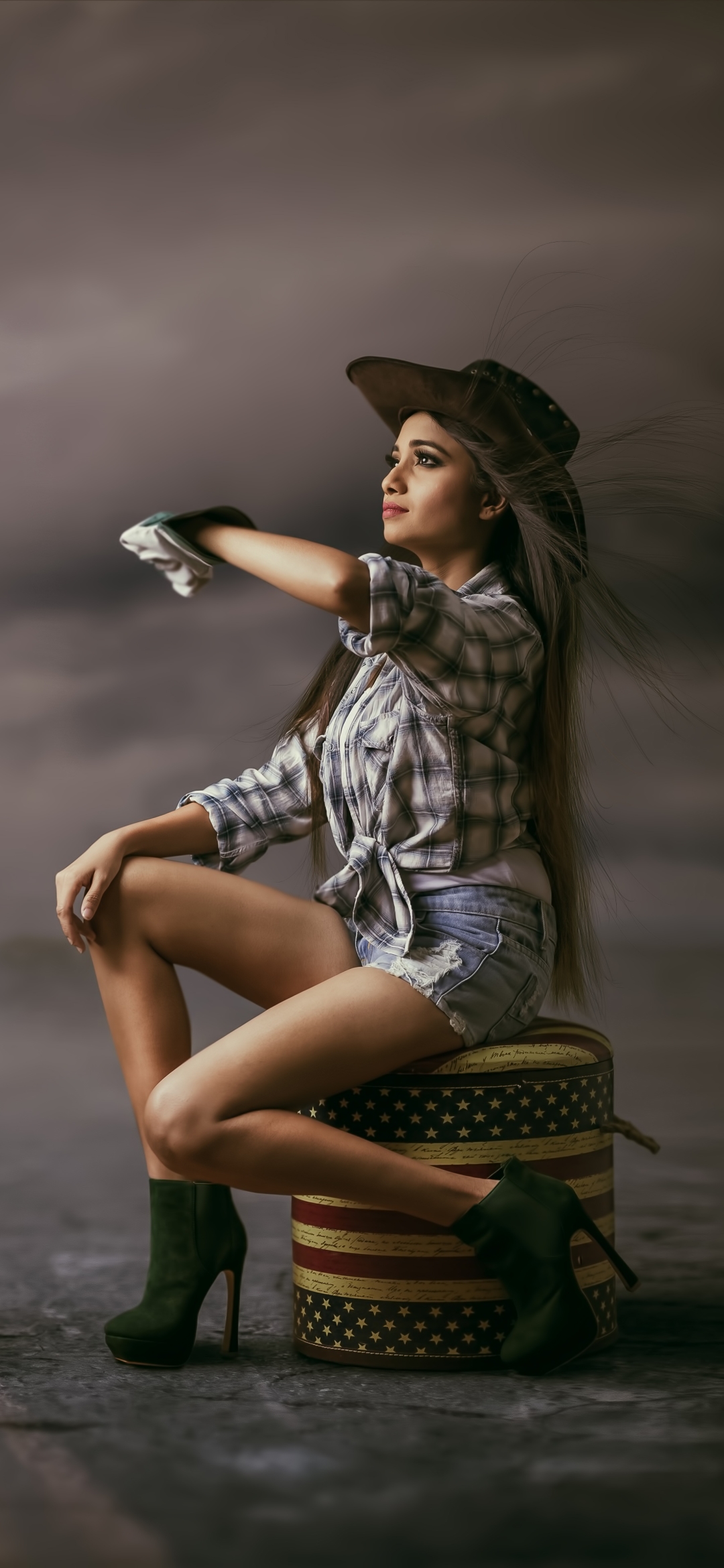 Download mobile wallpaper Mood, Hat, Model, Women, Shorts, Manipulation, Long Hair for free.