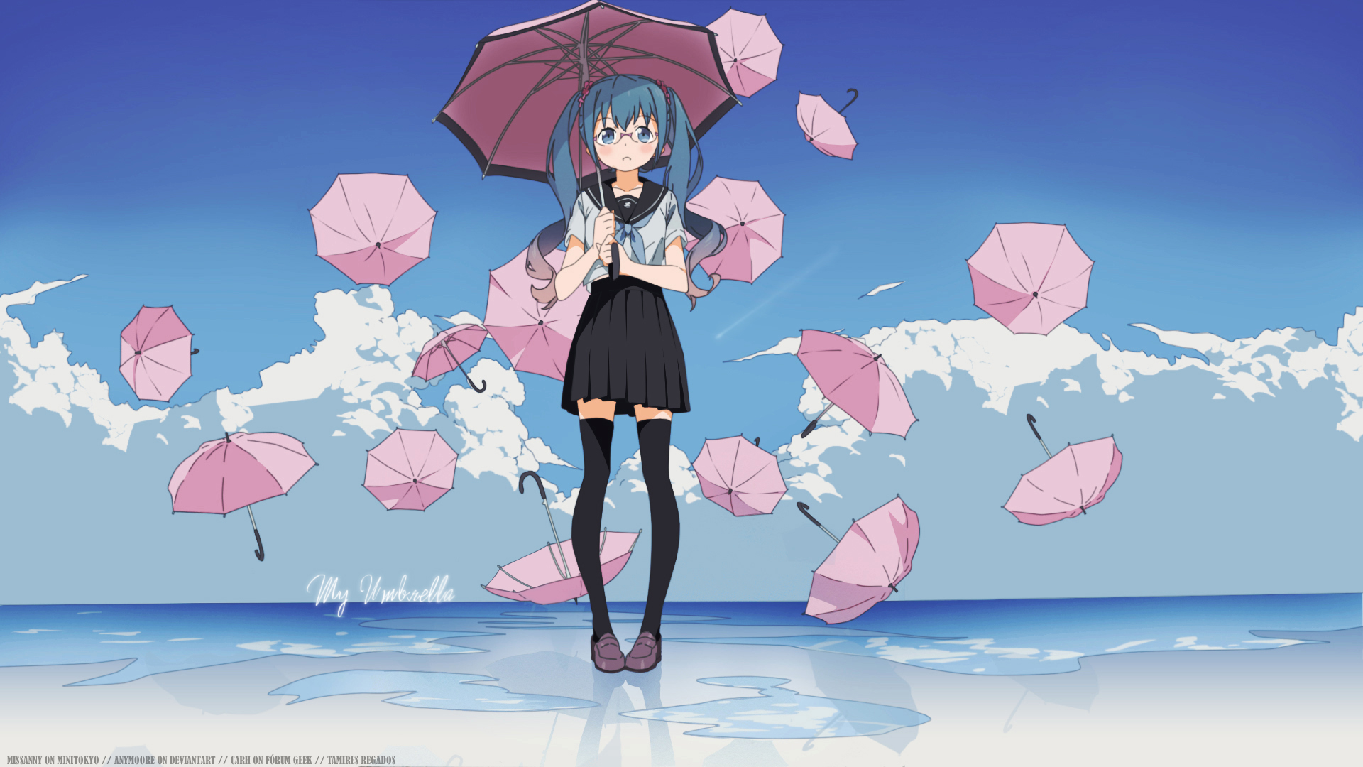 Laden Sie das Wasser, Regenschirm, Wolke, Vocaloid, Blaue Augen, Blaue Haare, Hatsune Miku, Animes, Lange Haare-Bild kostenlos auf Ihren PC-Desktop herunter