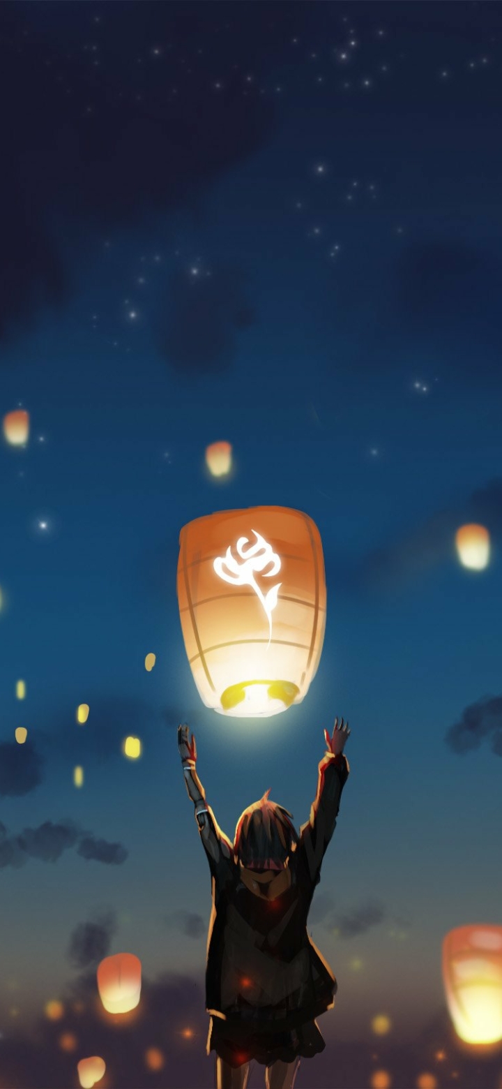 Download mobile wallpaper Anime, Night, Lantern, Original for free.