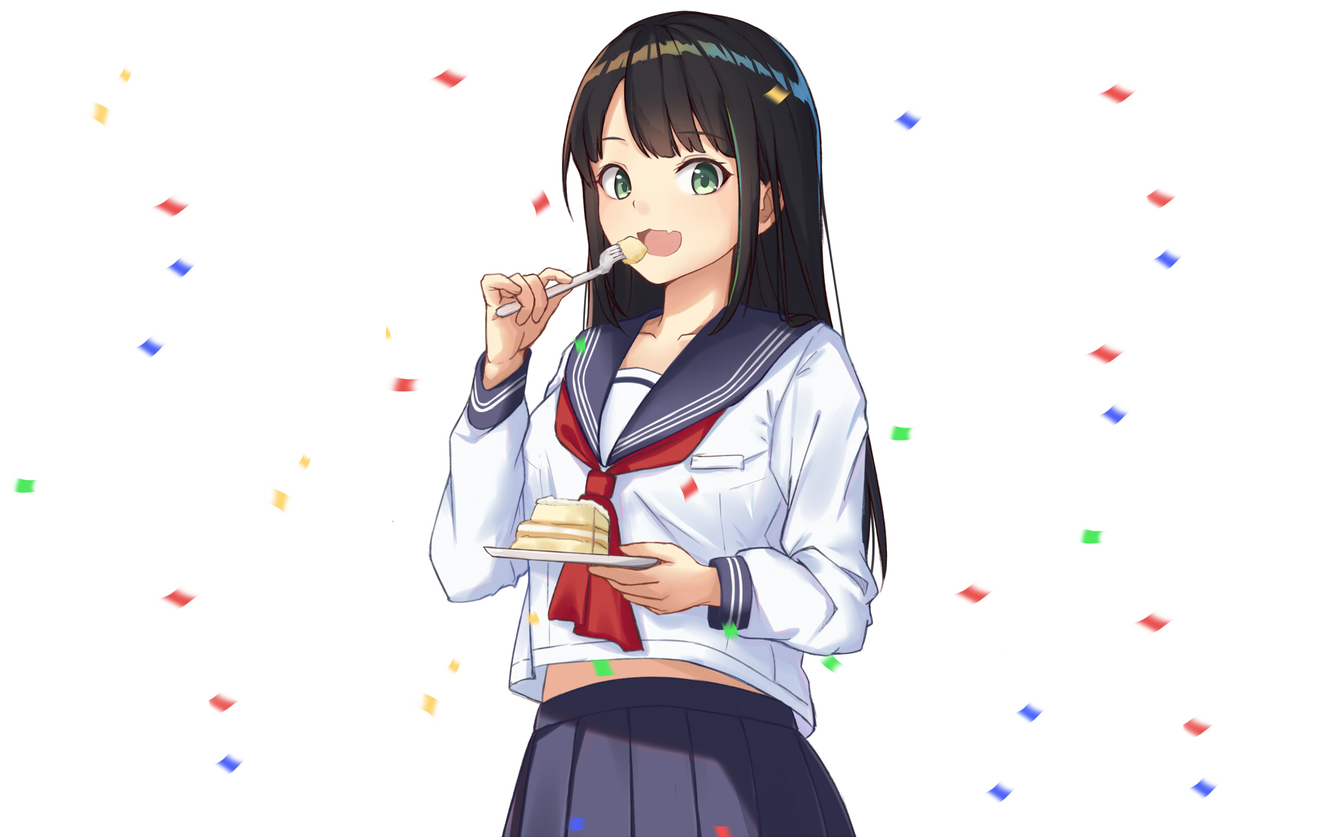 Free download wallpaper Anime, Cake, Green Eyes, Schoolgirl, Original, School Uniform, Black Hair on your PC desktop