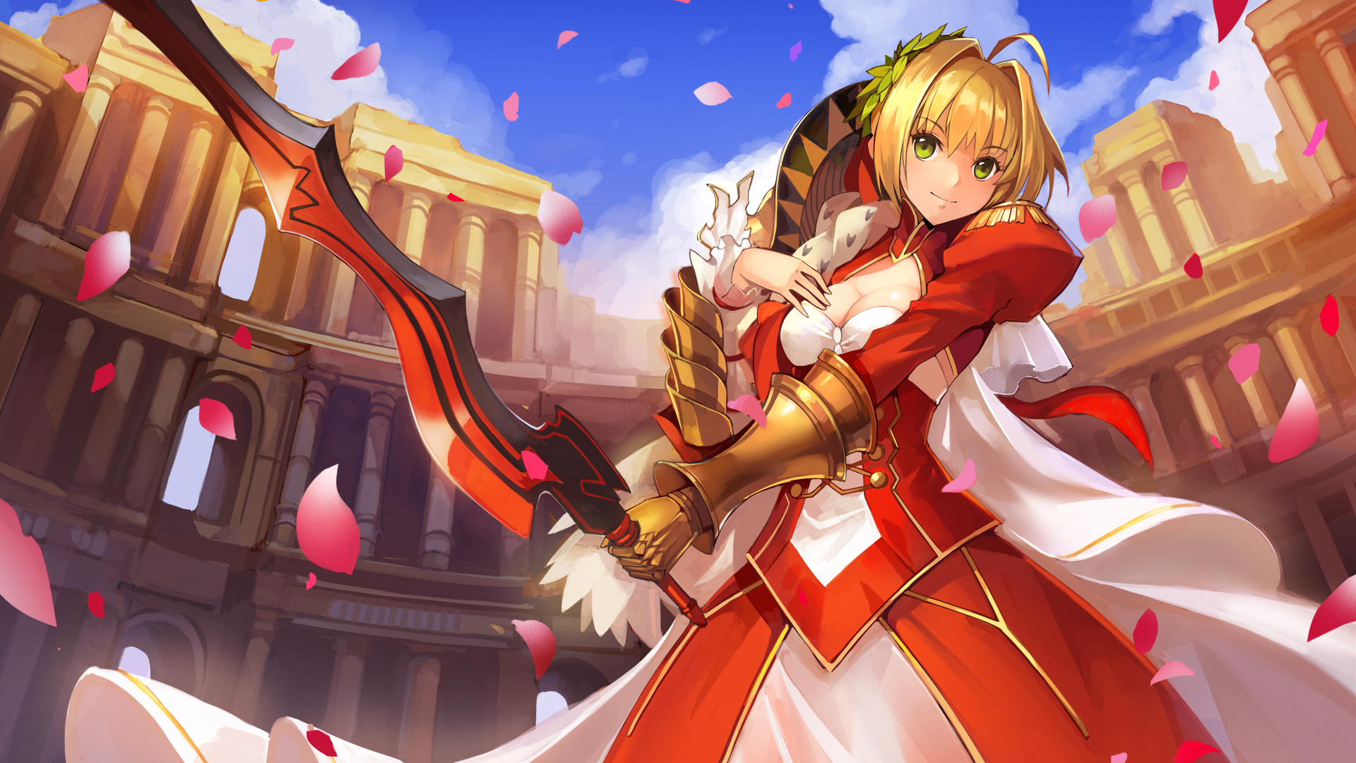 anime, fate/extra, armor, blonde, dress, fate/stay night, flower, green eyes, red saber, saber (fate series), short hair, sword, weapon, fate series