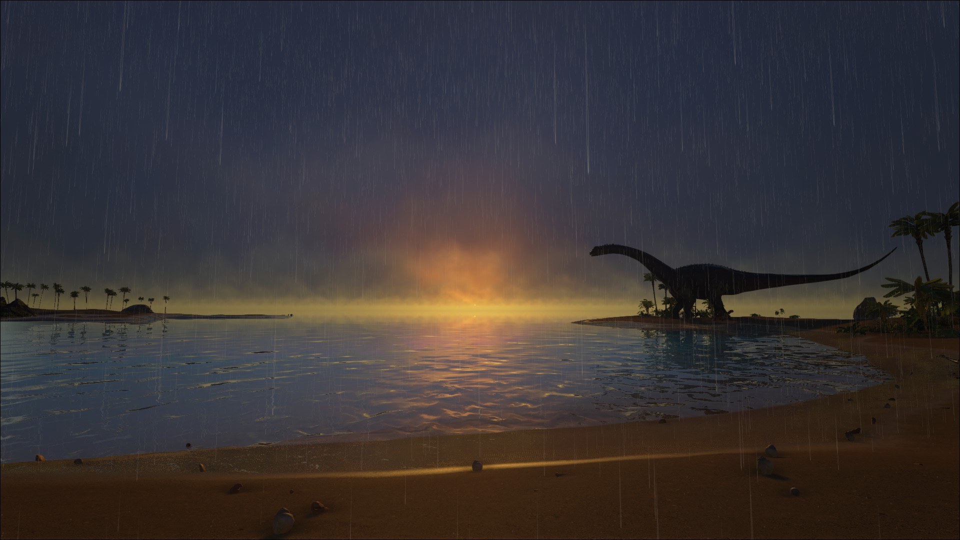 video game, ark: survival evolved, argentinosaurus, beach, dinosaur, lake, sunset