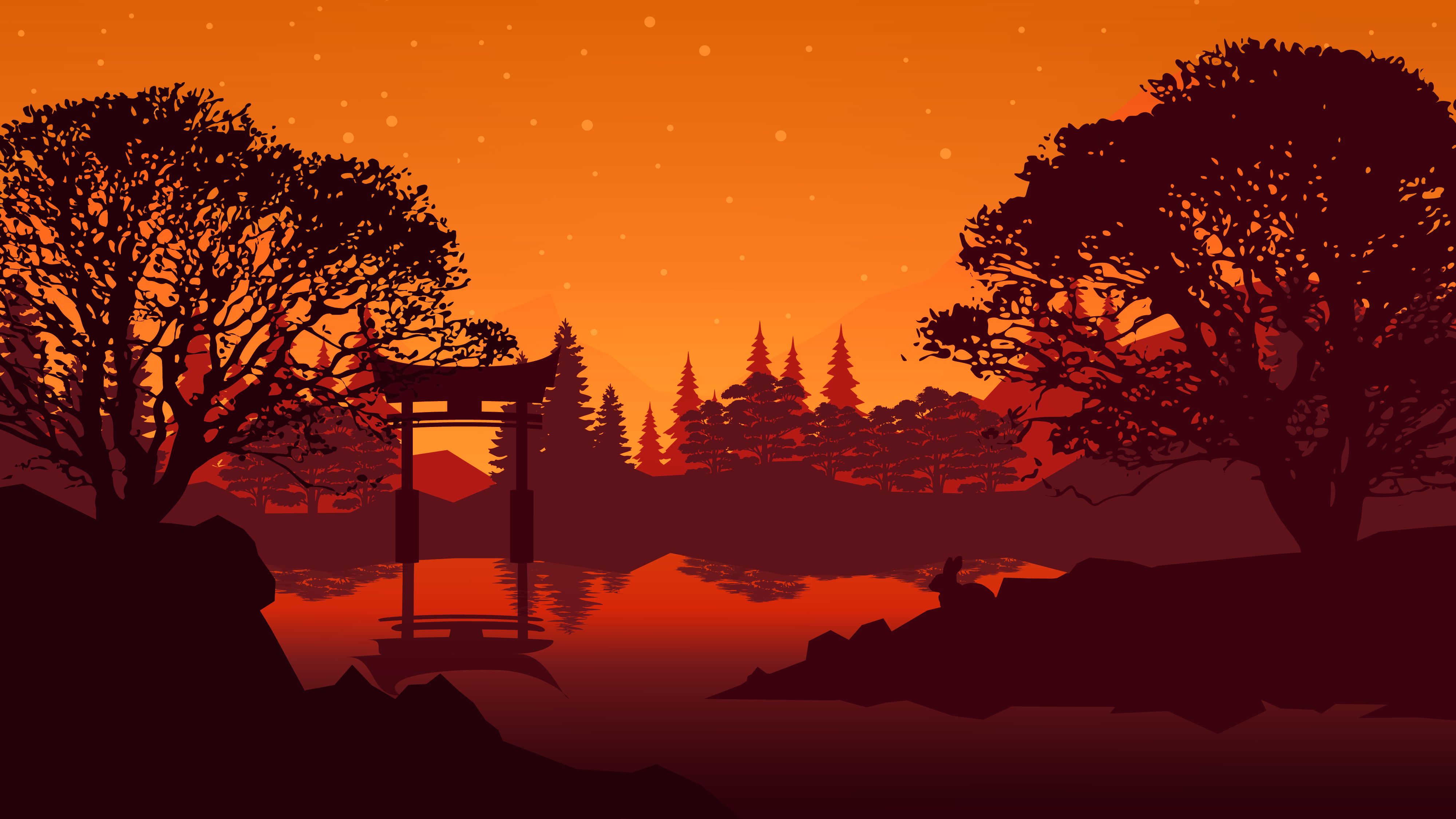 Download mobile wallpaper Torii, Trees, Lake, Landscape, Art for free.
