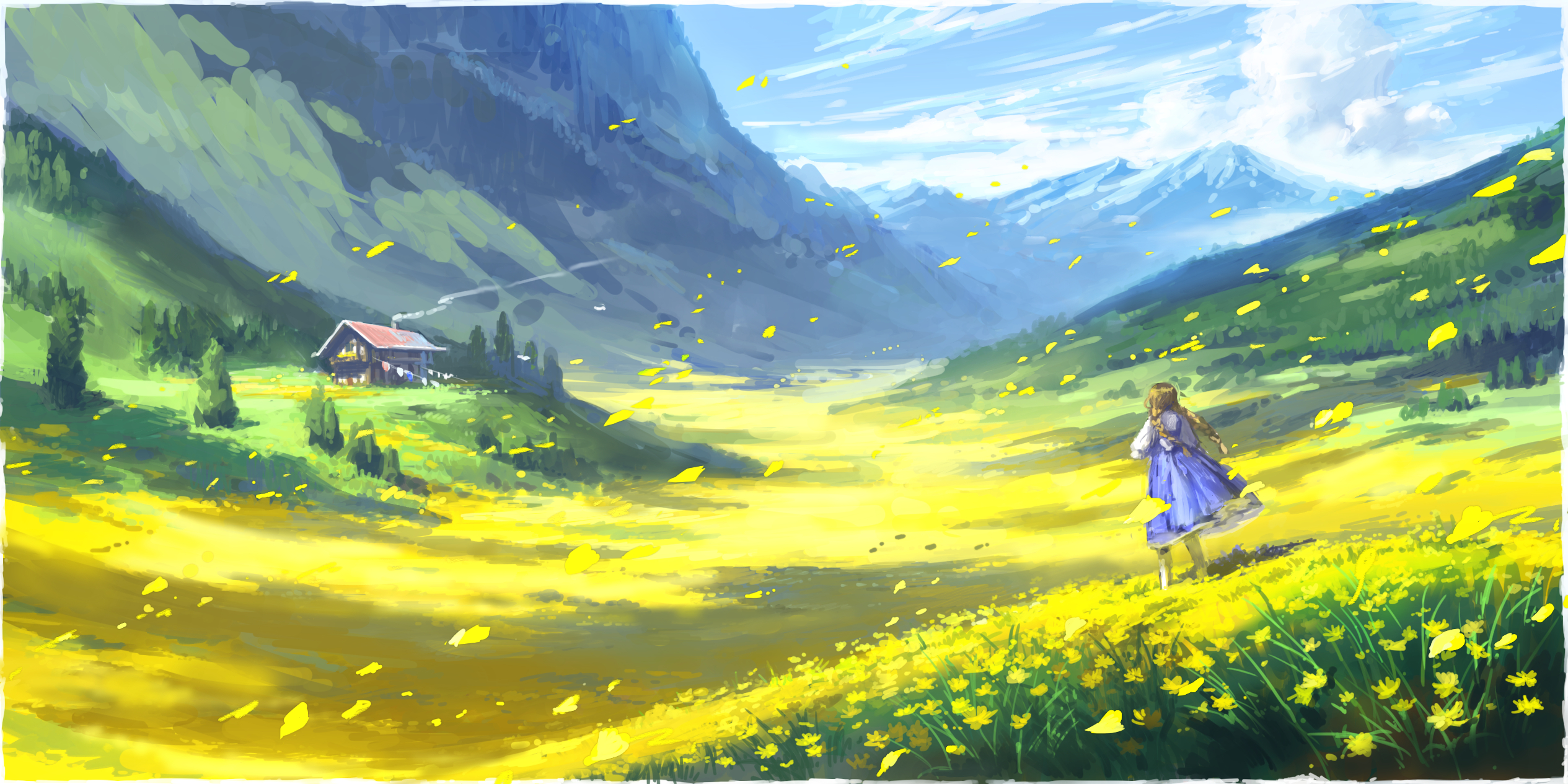 Laden Sie das Landschaft, Gelbe Blume, Original, Blondinen, Animes-Bild kostenlos auf Ihren PC-Desktop herunter