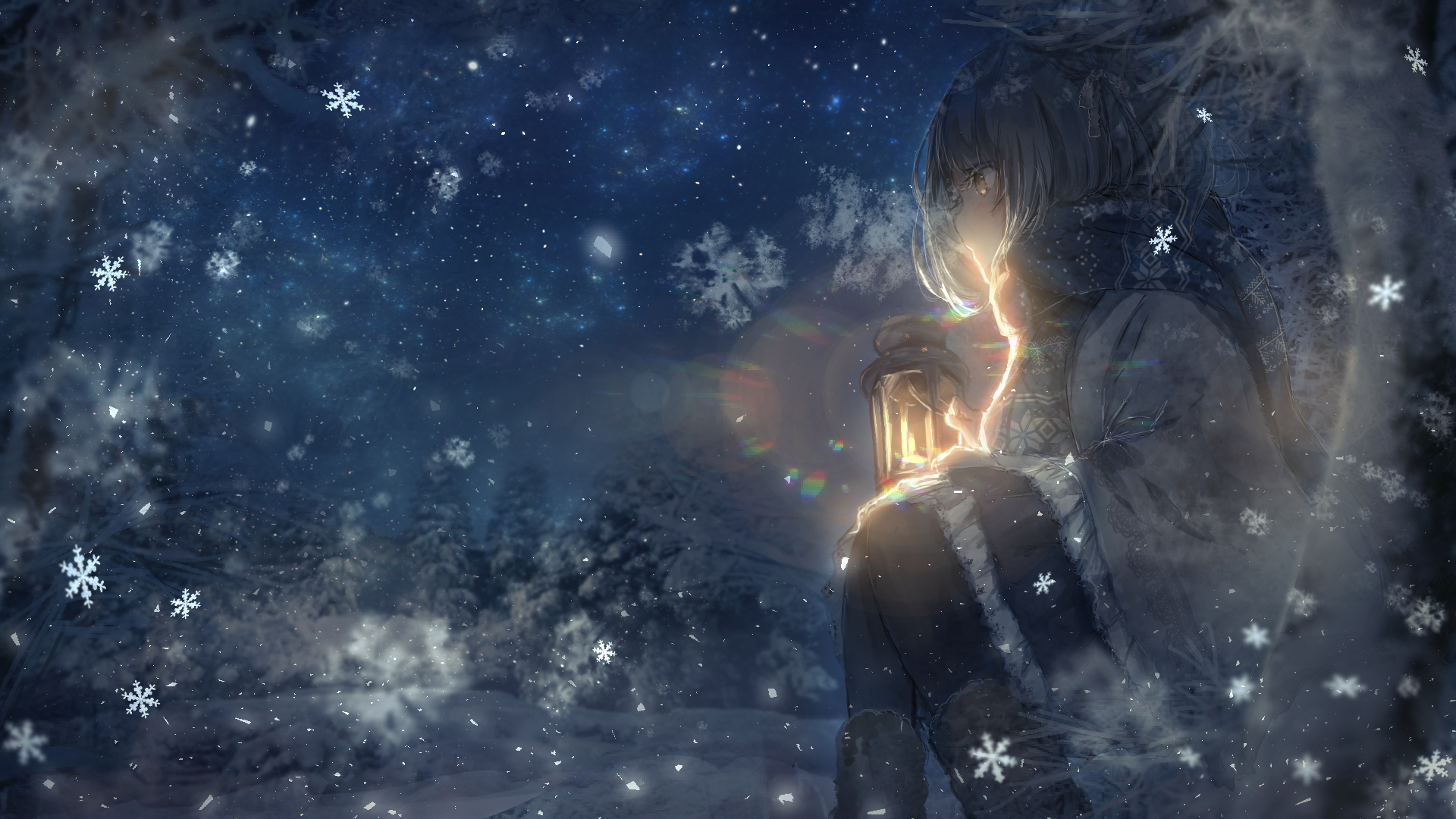 Free download wallpaper Anime, Winter, Night, Lantern, Snowflake, Original on your PC desktop