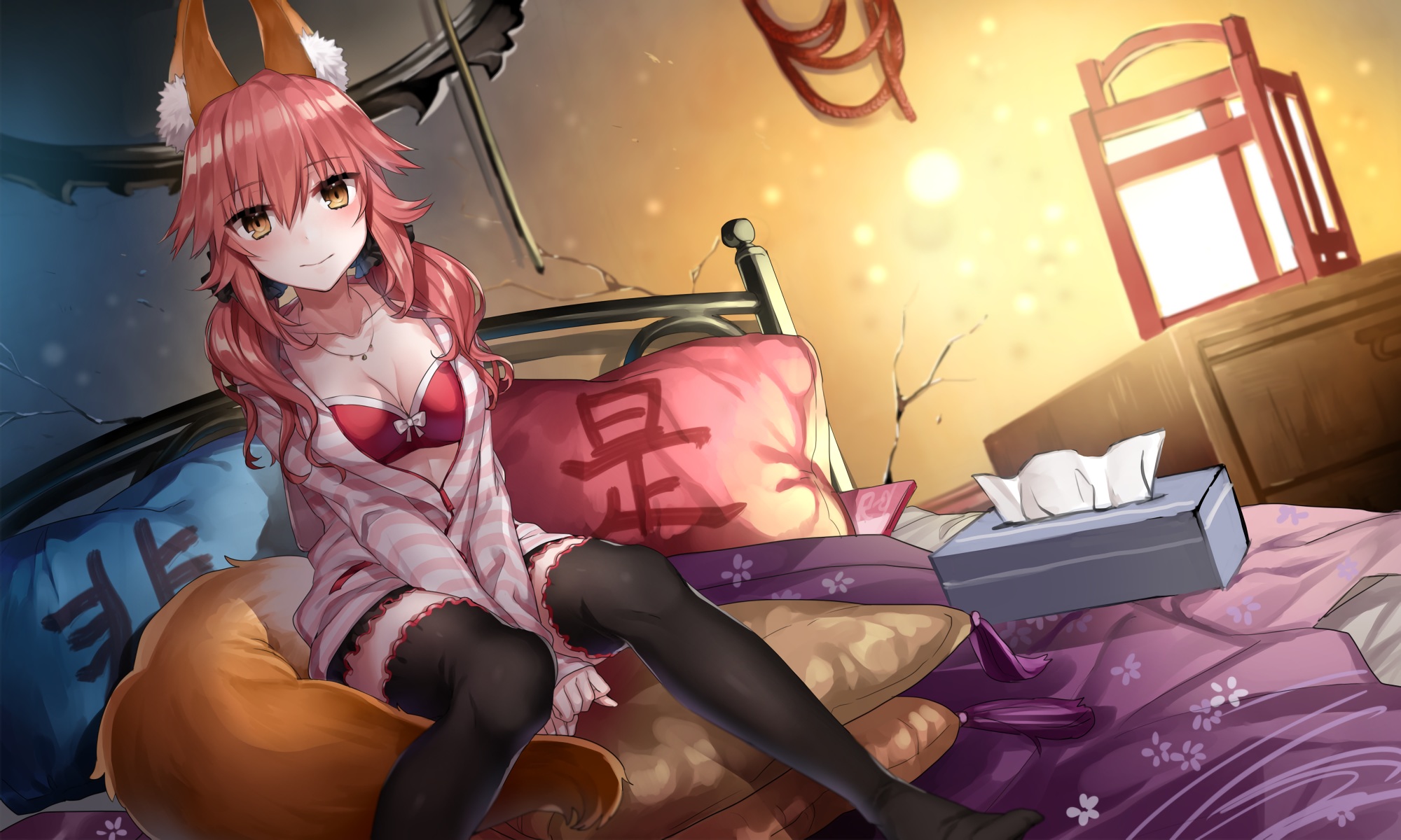 anime, fate/extra, animal ears, blush, caster (fate/extra), lamp, long hair, necklace, orange hair, pantyhose, pillow, yellow eyes