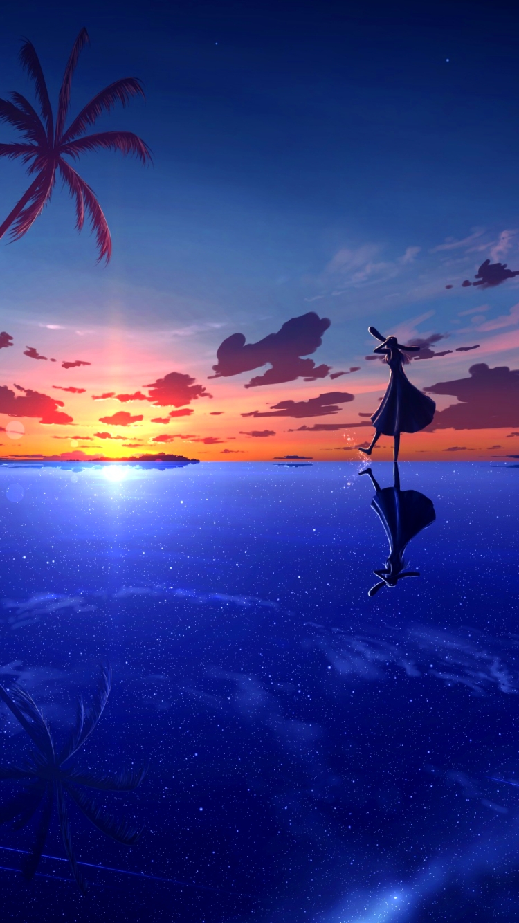 Download mobile wallpaper Anime, Sunset, Sky, Sea, Original for free.