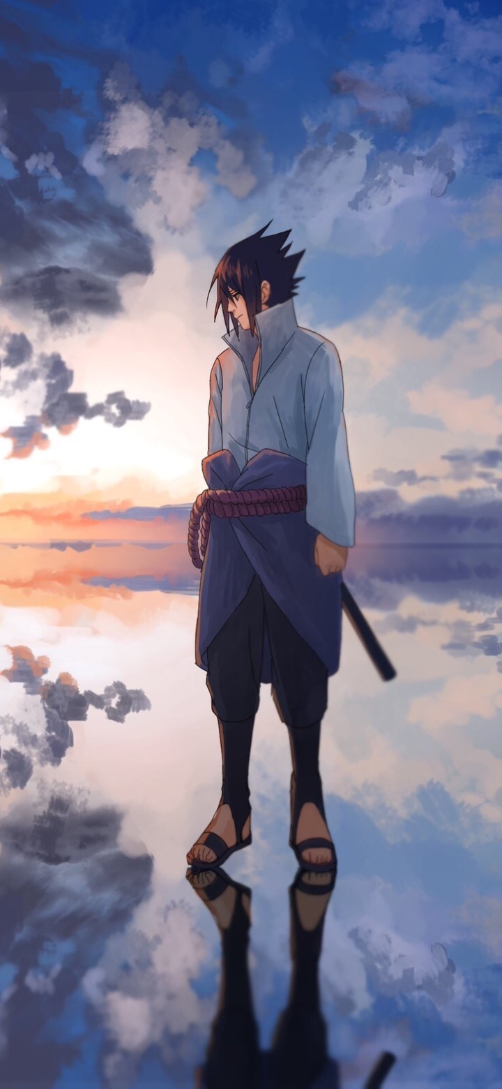 Download mobile wallpaper Anime, Water, Sky, Naruto, Horizon, Reflection, Sasuke Uchiha for free.