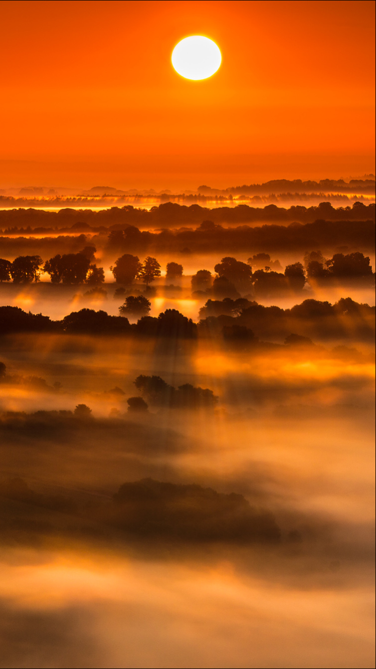 Download mobile wallpaper Landscape, Nature, Sunset, Sun, Horizon, Fog, Earth, Scenic for free.