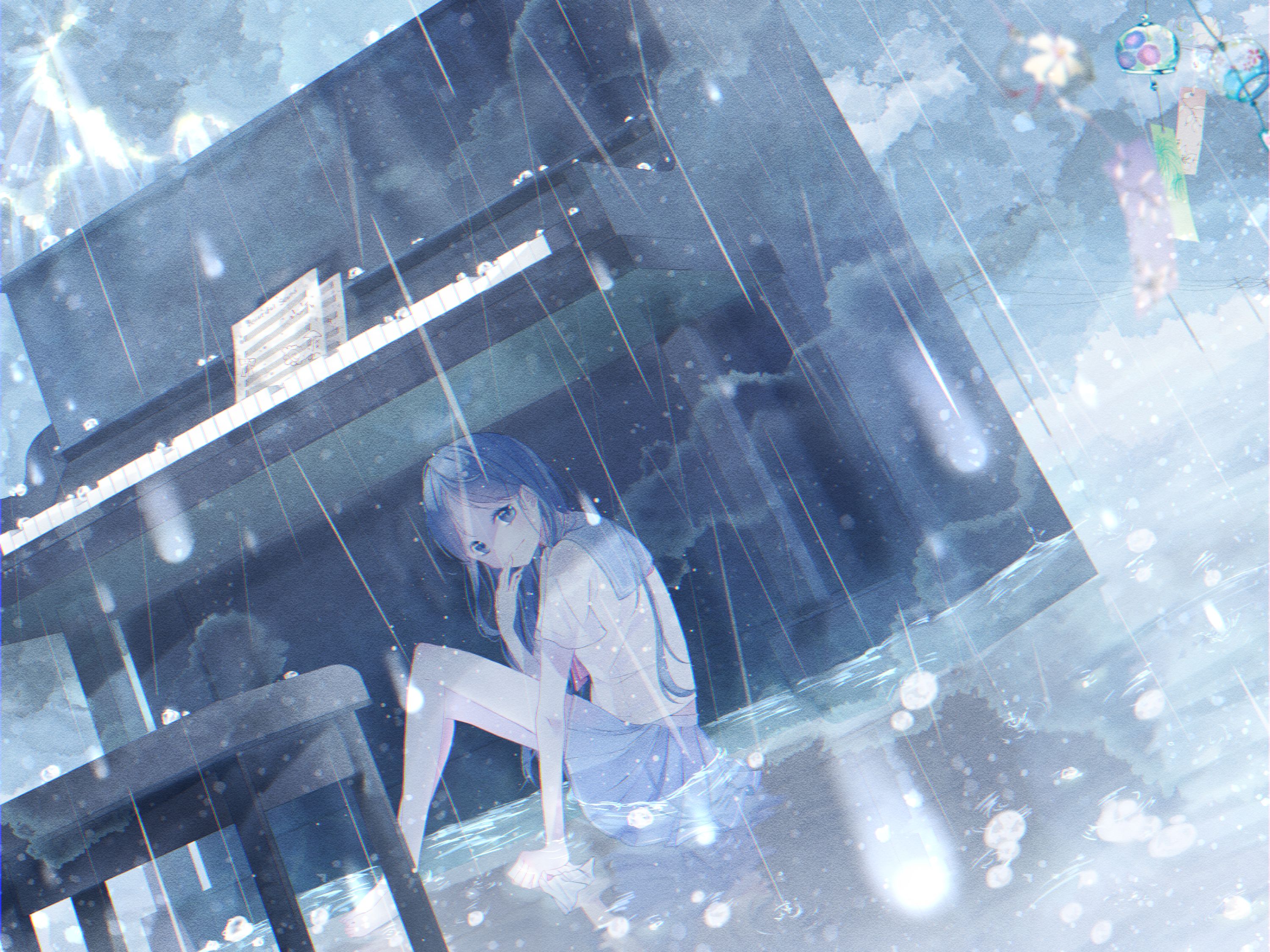Download mobile wallpaper Anime, Water, Rain, Piano, Original for free.