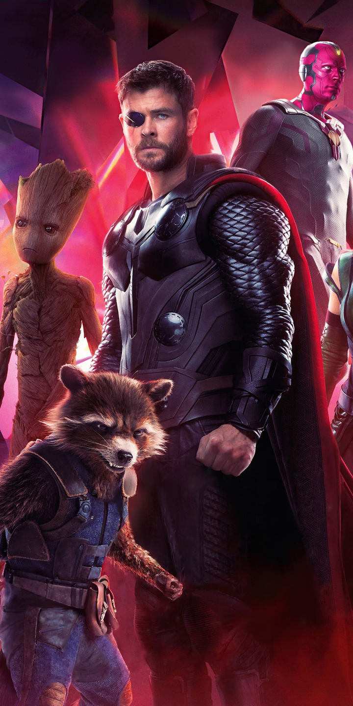 Descarga gratuita de fondo de pantalla para móvil de Los Vengadores, Películas, Thor, Visión (Marvel Comics), Chris Hemsworth, Mapache Cohete, Groot, Vengadores: Guerra Infinita.