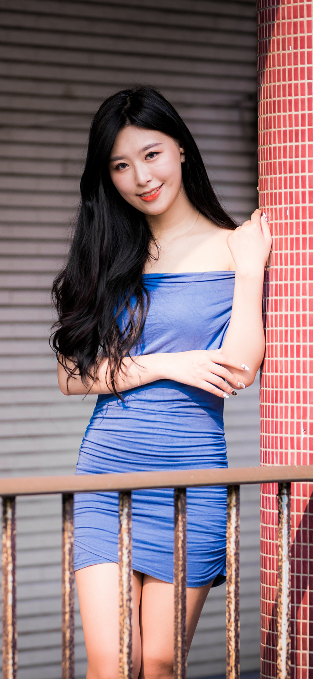 Download mobile wallpaper Model, Women, Asian, Black Hair, Long Hair, Lipstick, Blue Dress, Depth Of Field for free.