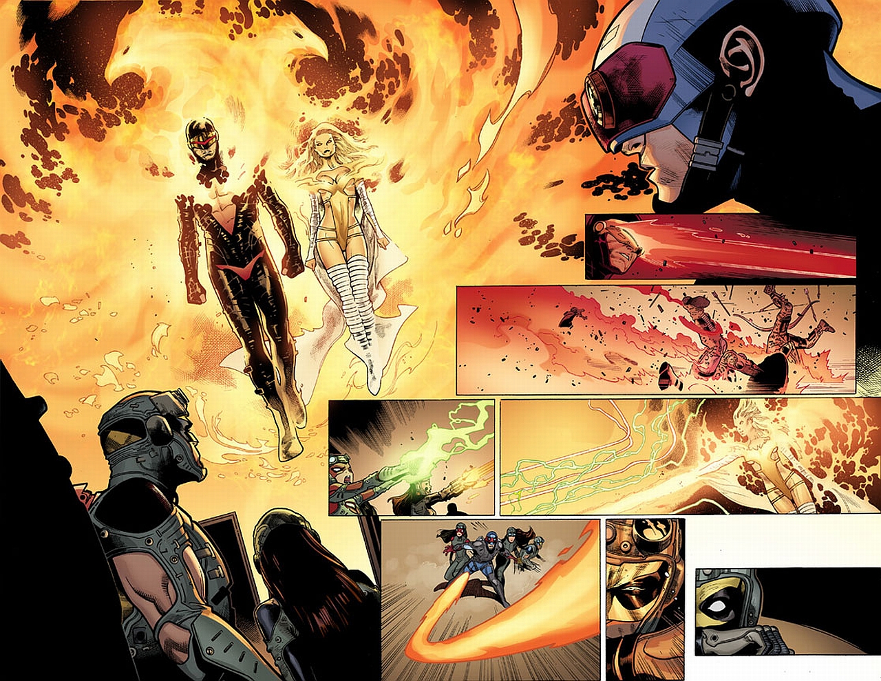 comics, avengers vs x men, cyclops (marvel comics), emma frost, fire, phoenix (marvel comics), thigh boots