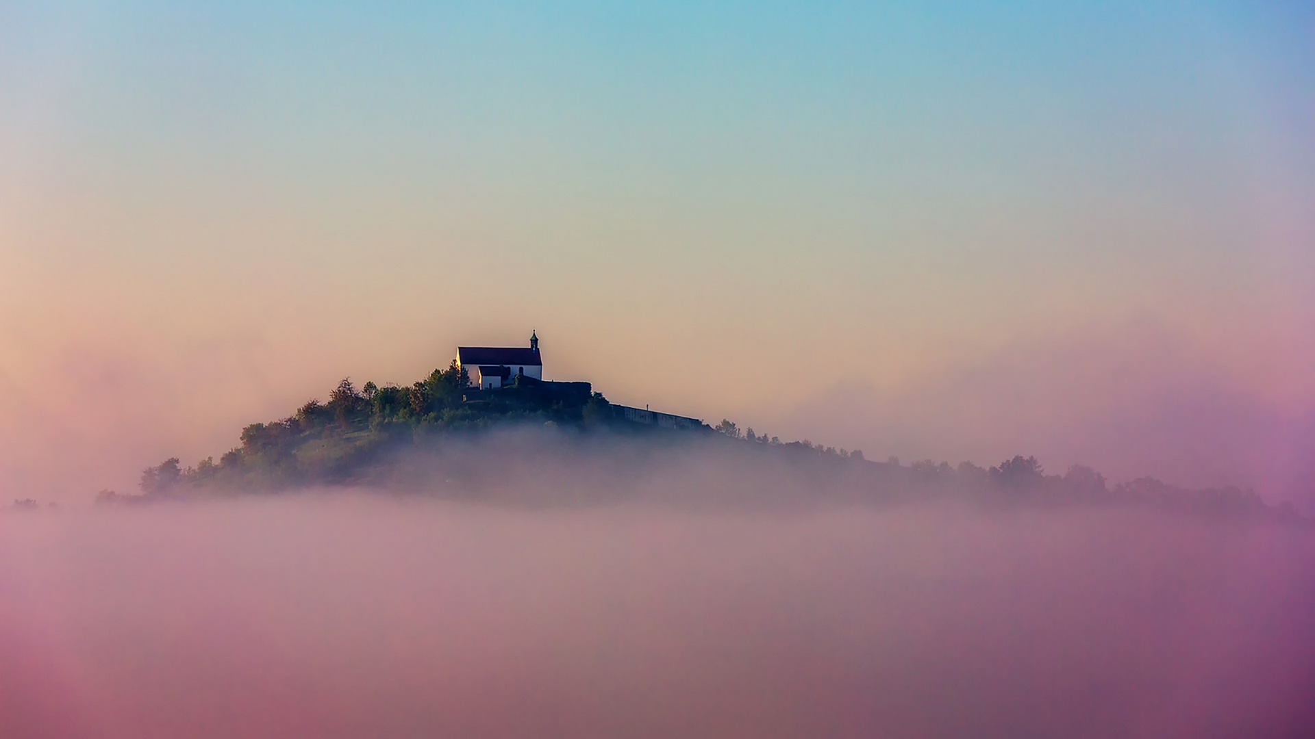 Download mobile wallpaper Building, Fog, Hill, Chapel, Religious for free.
