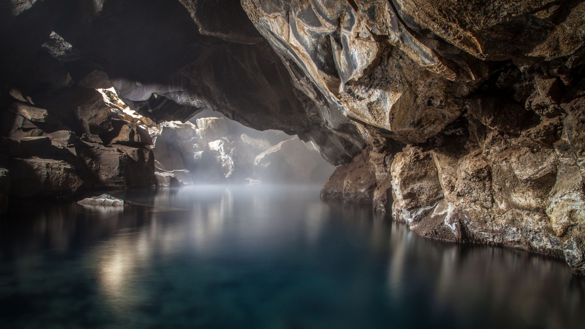 Download mobile wallpaper Caves, Lake, Fog, Earth, Cave for free.