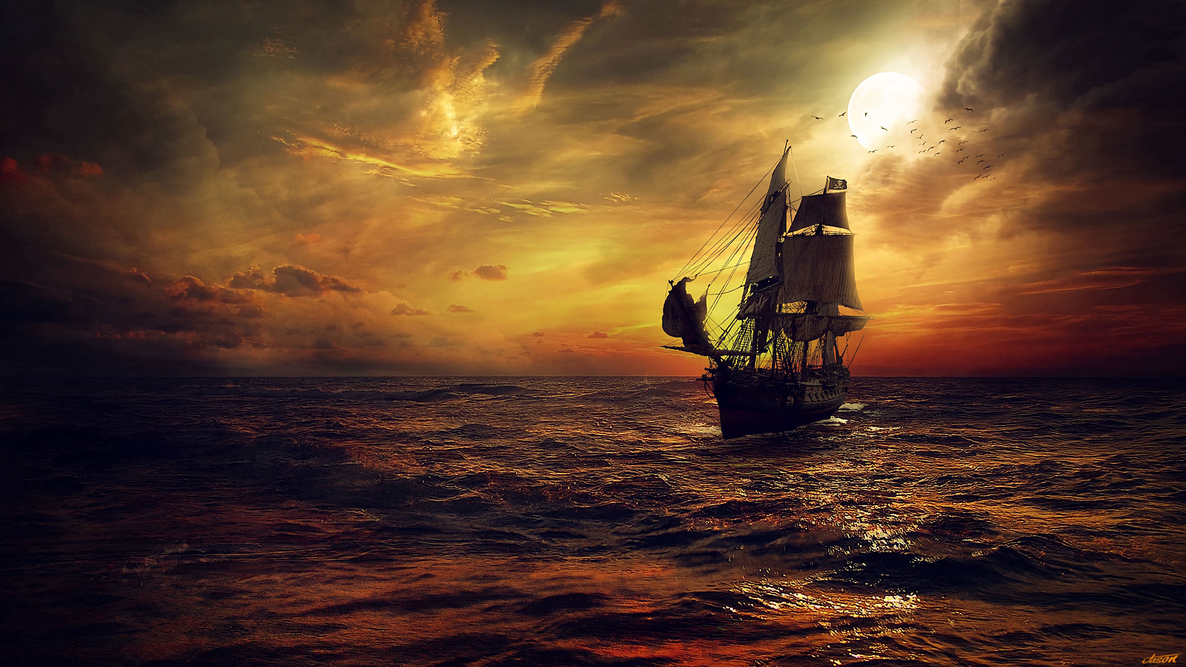 sail, art, sun, sunset, sails, ship