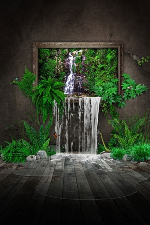 Download mobile wallpaper Fantasy, Waterfall, Fern, Vegetation, Painting for free.