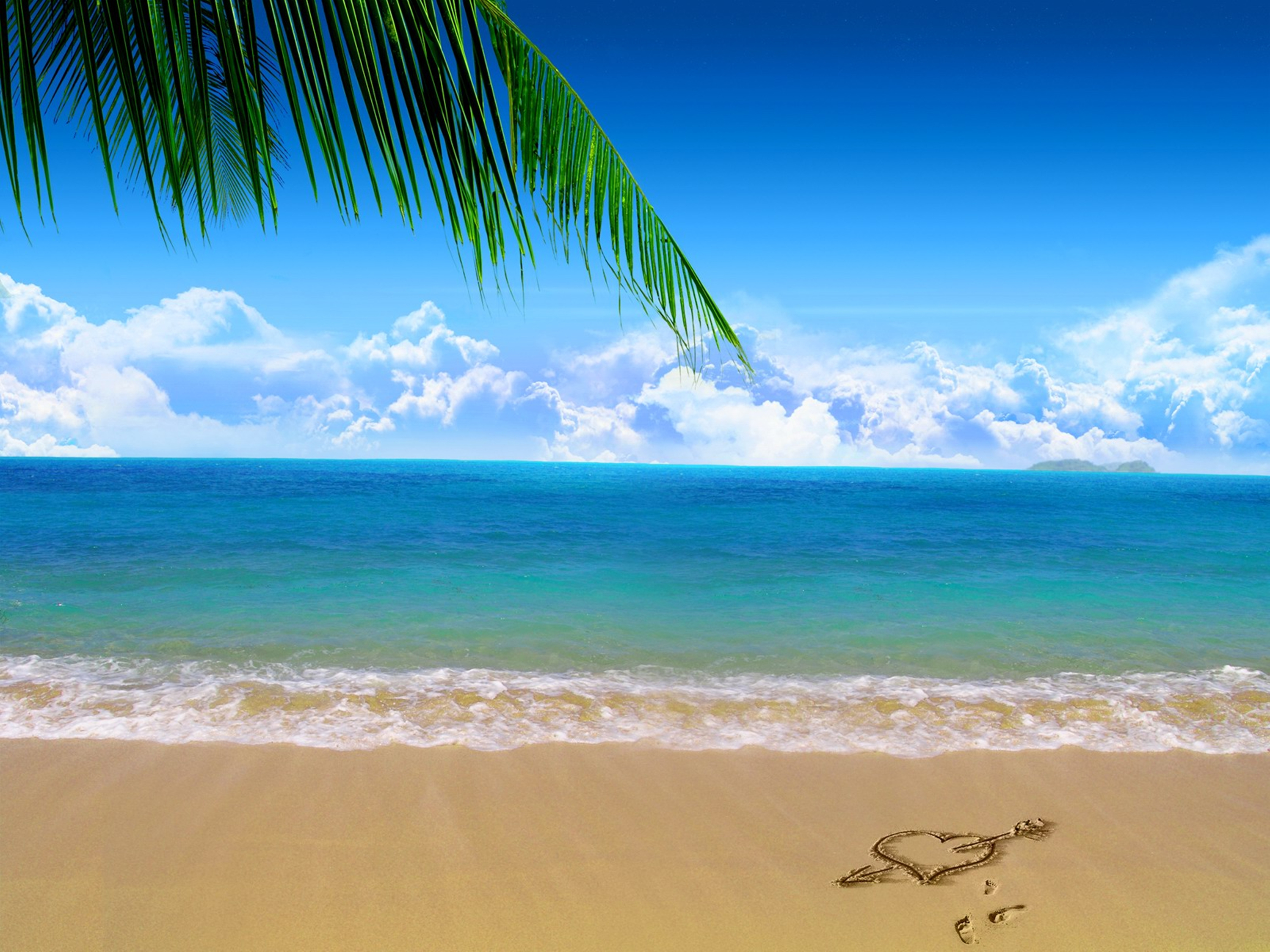 Download mobile wallpaper Nature, Sea, Beach, Sand, Horizon, Earth, Heart, Cloud, Palm Tree for free.