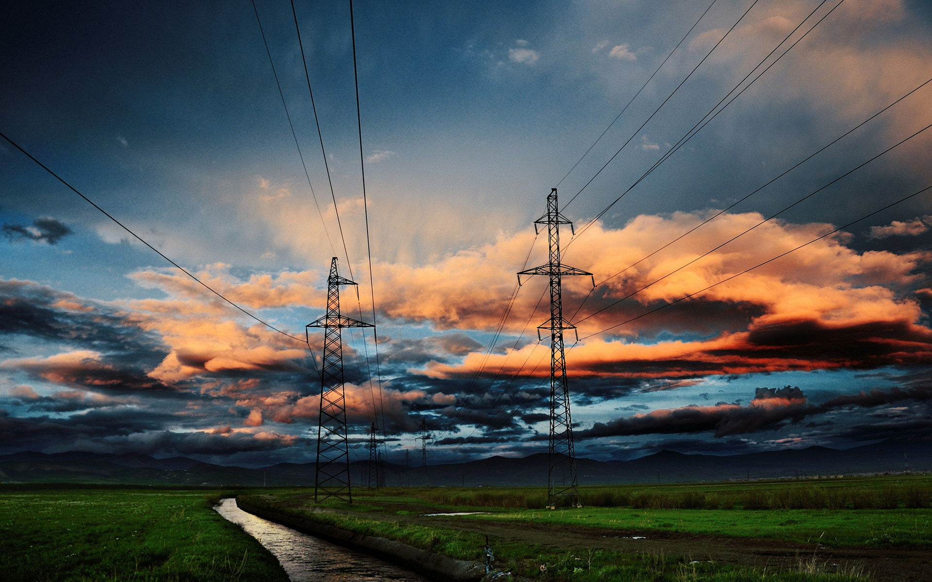 Download mobile wallpaper Sunset, Road, Earth, Field, Cloud, Man Made, Power Line for free.