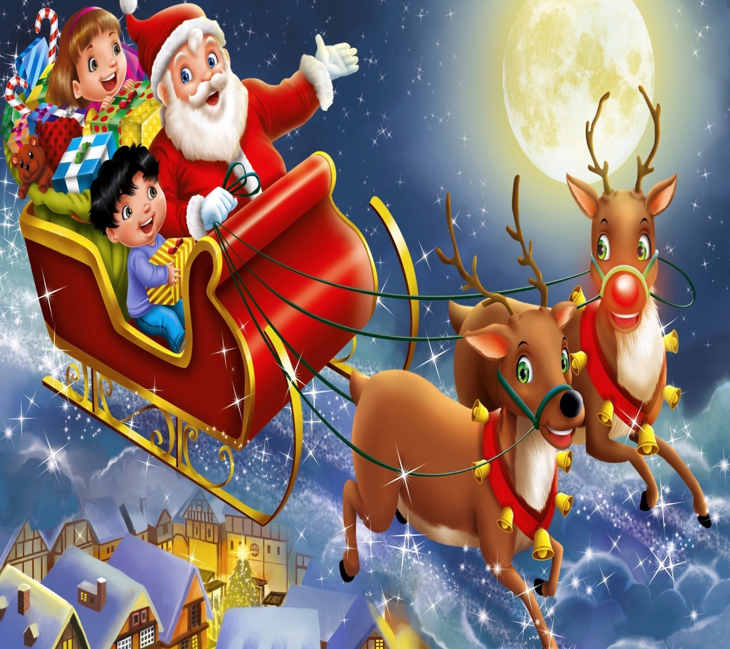 Handy-Wallpaper Feiertage, Weihnachtsmann, Weihnachten, Geschenk, Kind, Schlitten, Rentier kostenlos herunterladen.