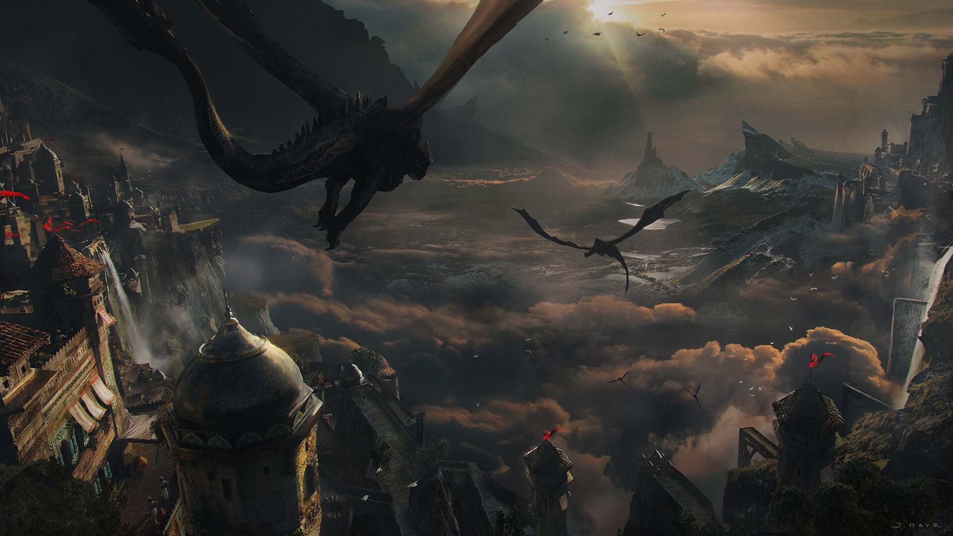 Free download wallpaper Landscape, Fantasy, Mountain, Dragon on your PC desktop