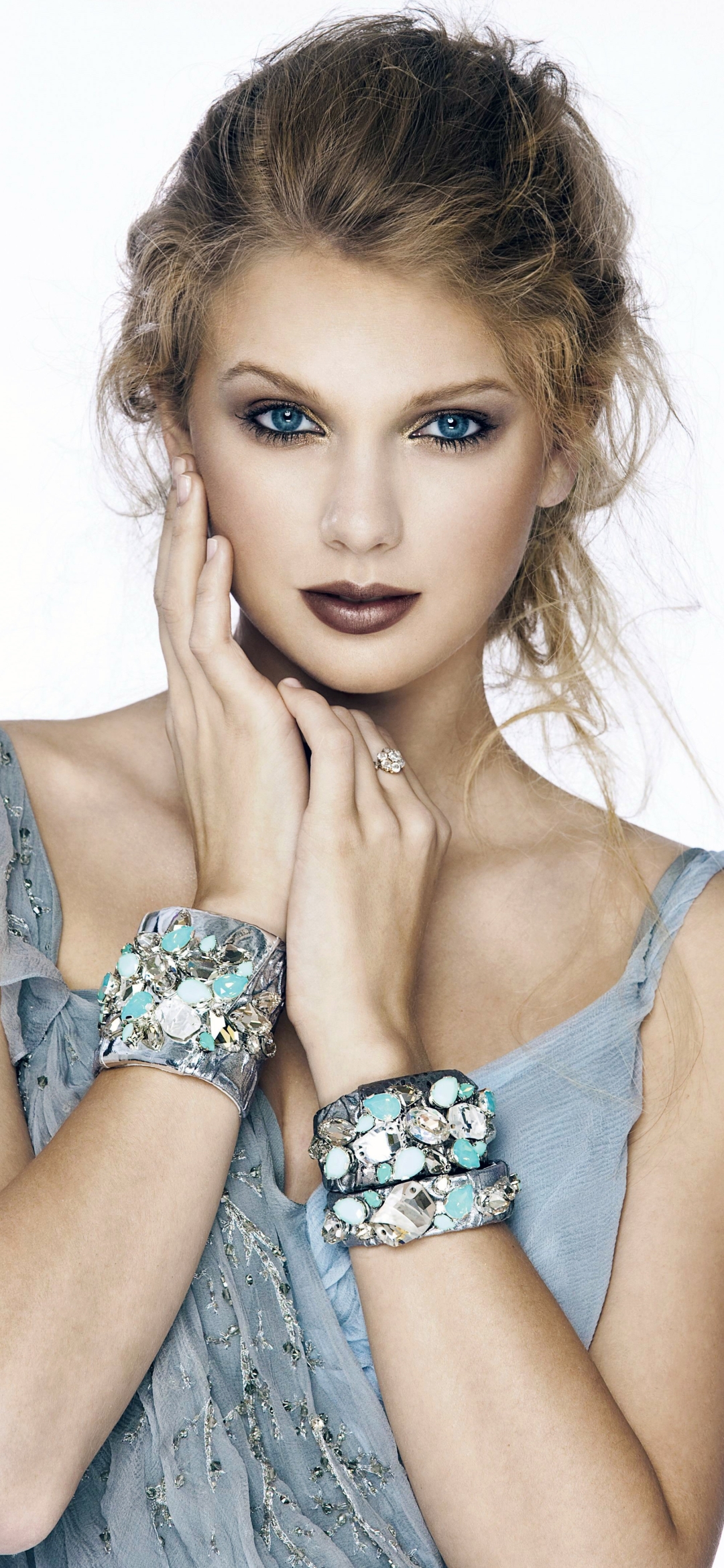 Download mobile wallpaper Music, Singer, Blonde, Blue Eyes, Taylor Swift, Lipstick, Blue Dress for free.