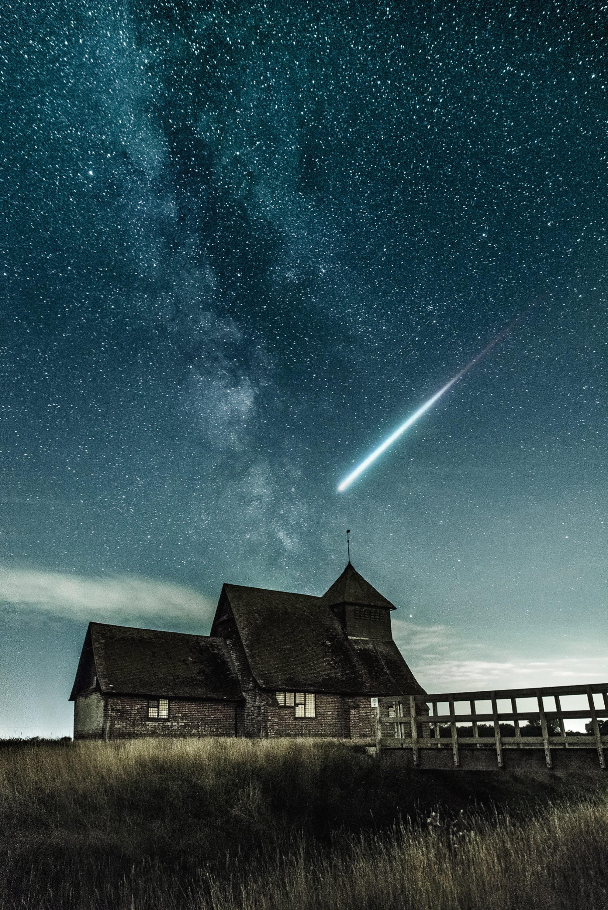 nature, bridge, meteorite, grass, night, structure, starry sky High Definition image