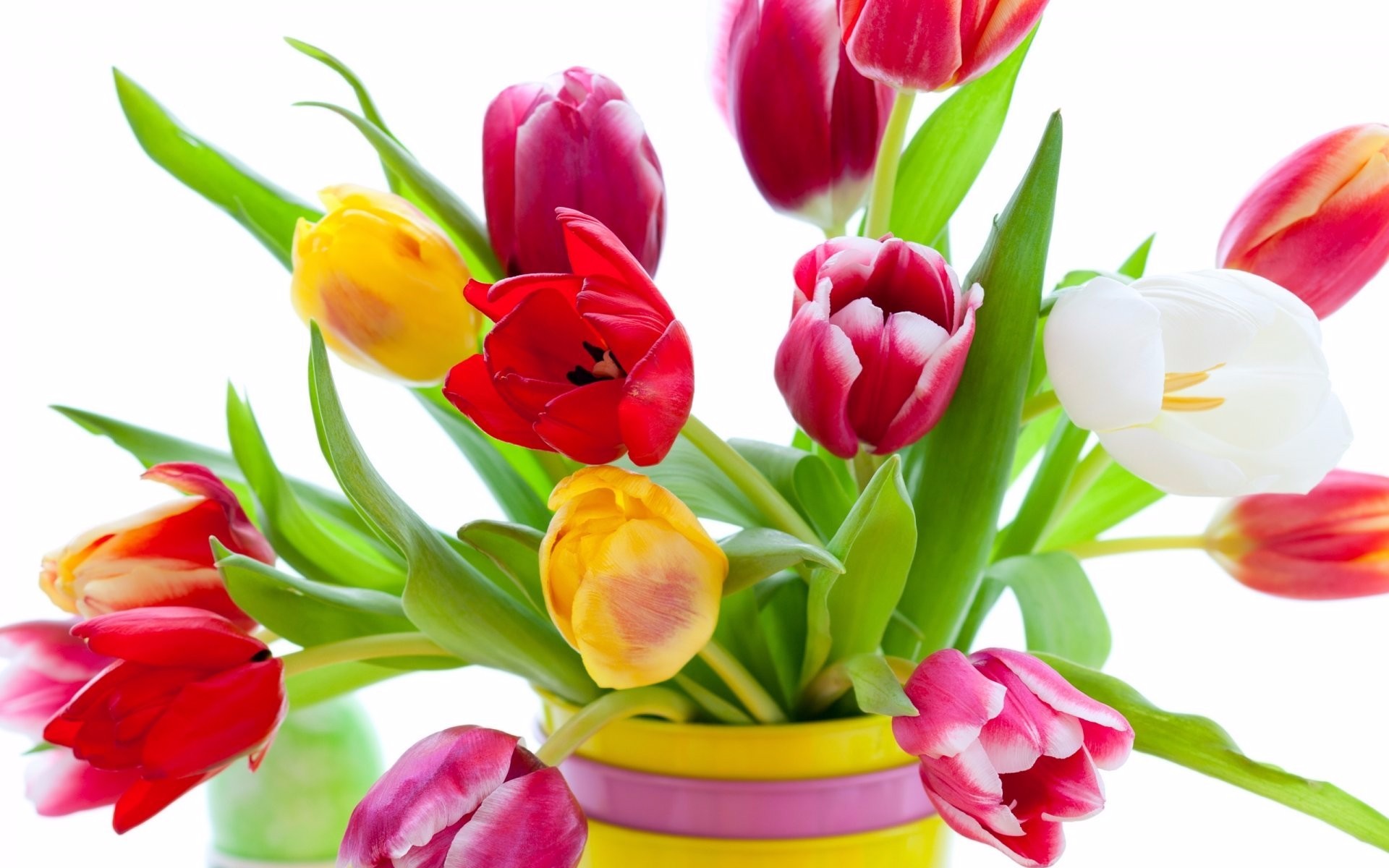 Download mobile wallpaper Flower, Colors, Vase, Colorful, Tulip, Yellow Flower, Red Flower, Man Made, Pink Flower for free.