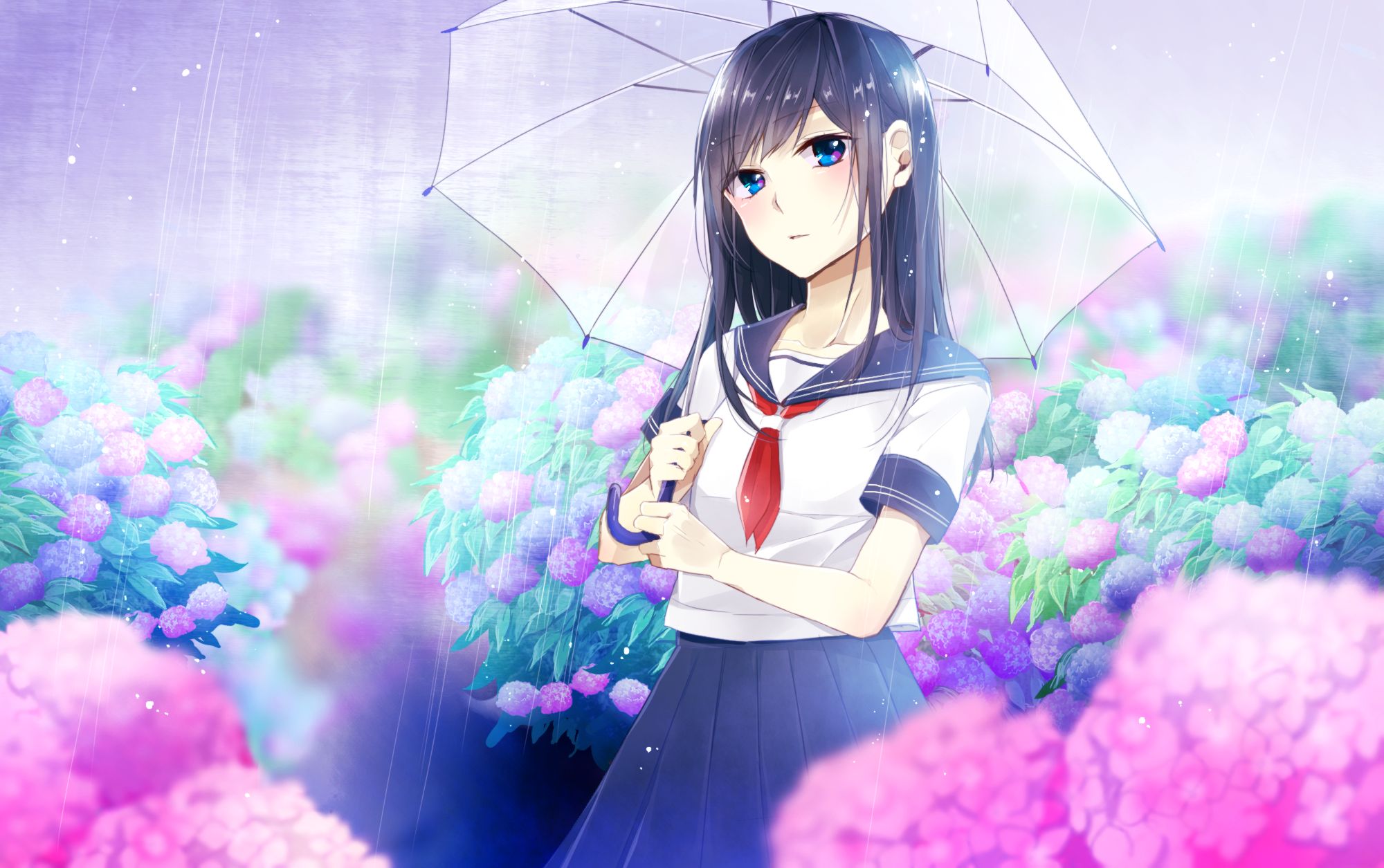 Laden Sie das Regen, Blume, Regenschirm, Blaue Augen, Original, Animes, Schwarzes Haar, Lange Haare-Bild kostenlos auf Ihren PC-Desktop herunter