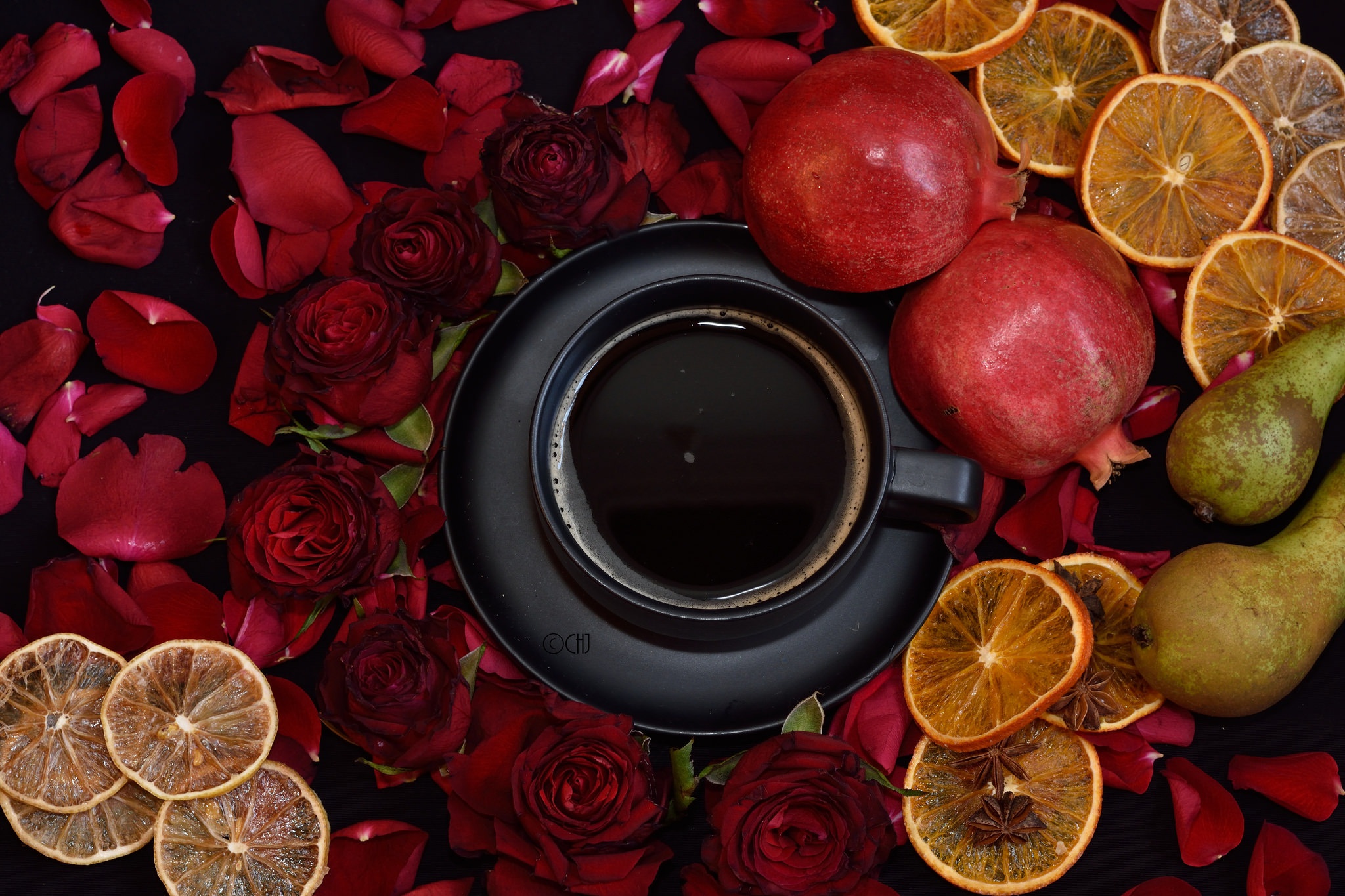 Download mobile wallpaper Food, Coffee, Rose, Cup, Fruit, Petal, Red Flower for free.