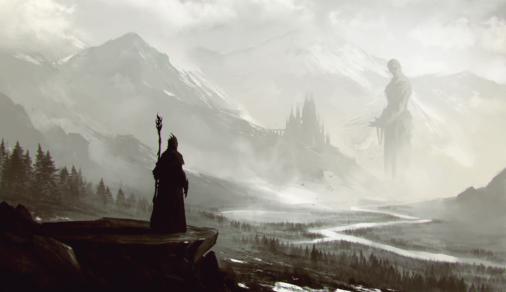 Download mobile wallpaper Landscape, Fantasy, Mountain, Fog, Giant, Staff, Wizard for free.