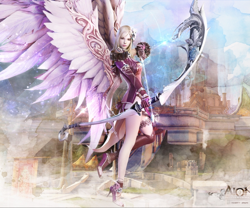 video game, aion: tower of eternity, bow, flower, wings, fantasy, blonde, angel