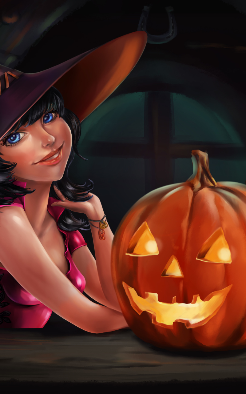 Download mobile wallpaper Halloween, Pumpkin, Holiday, Blue Eyes, Witch, Jack O' Lantern, Witch Hat for free.