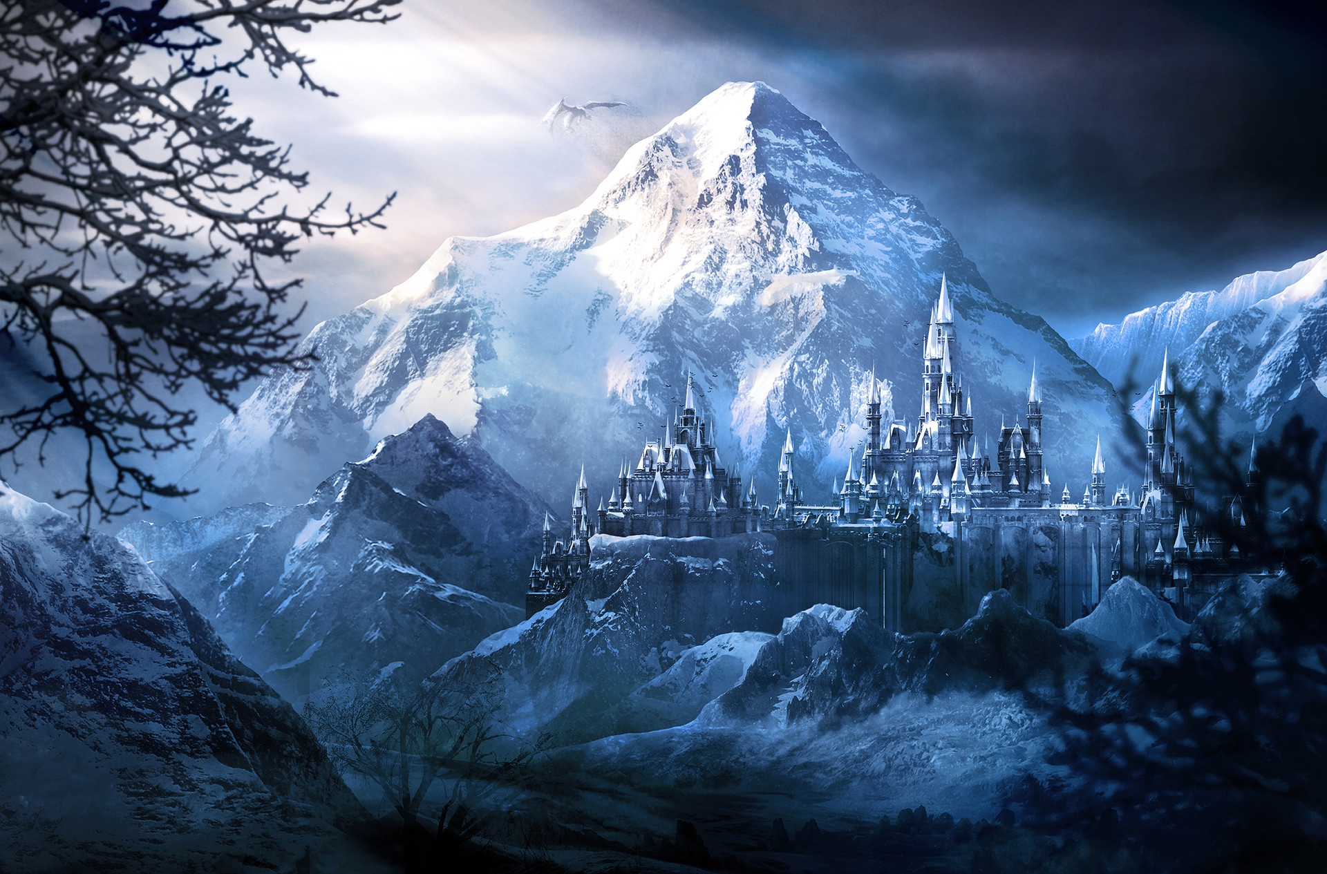 Free download wallpaper Winter, Fantasy, City, Mountain, Dragon, Sunbeam on your PC desktop
