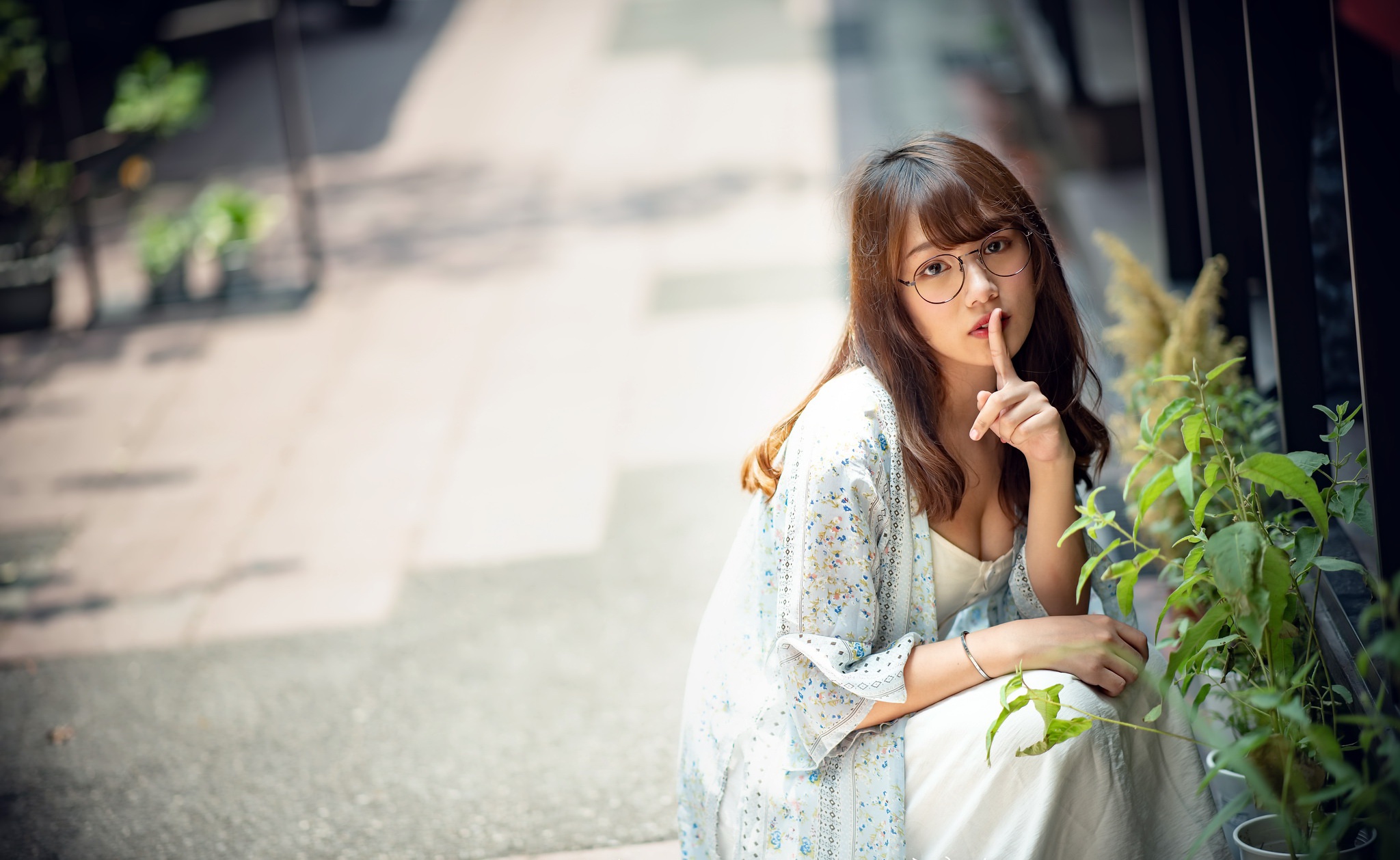 Download mobile wallpaper Glasses, Brunette, Model, Women, Asian, Depth Of Field for free.