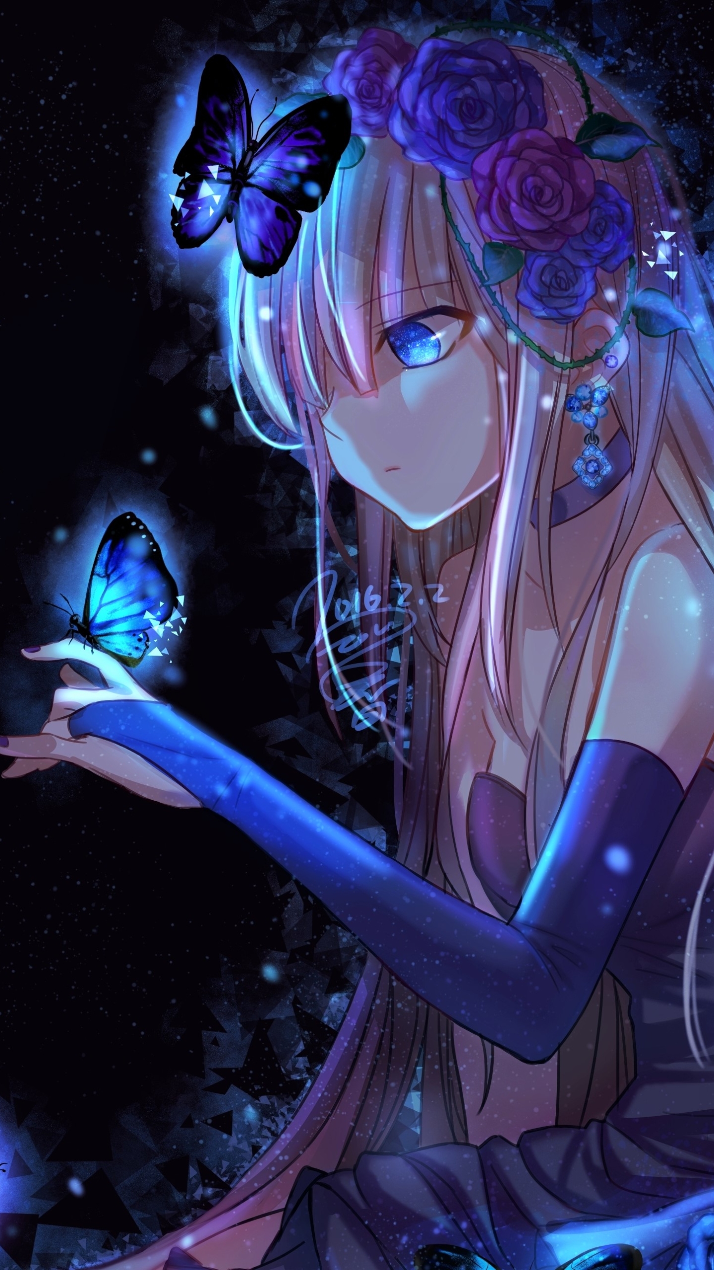 Download mobile wallpaper Anime, Butterfly, Girl, Blue Eyes, Long Hair for free.
