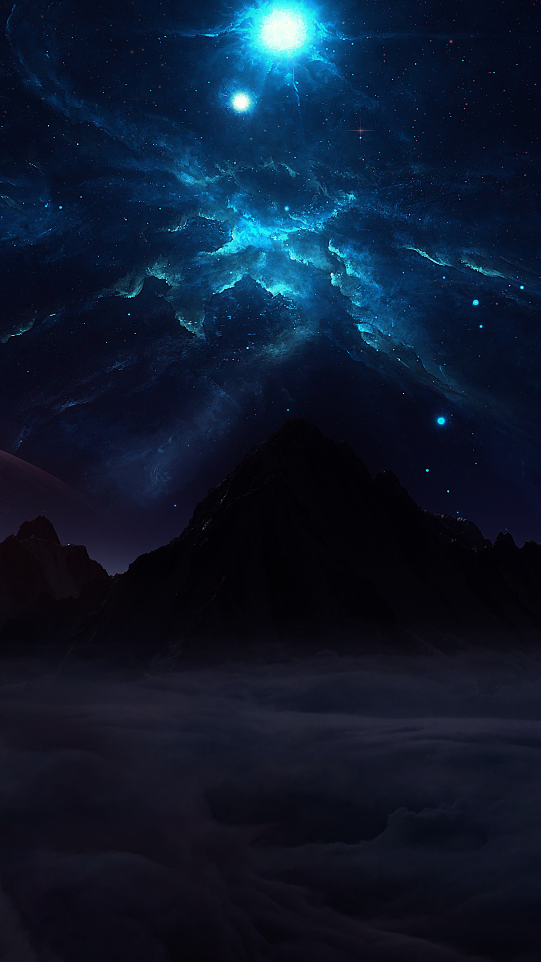 Download mobile wallpaper Landscape, Sky, Stars, Mountain, Sci Fi, Cloud for free.
