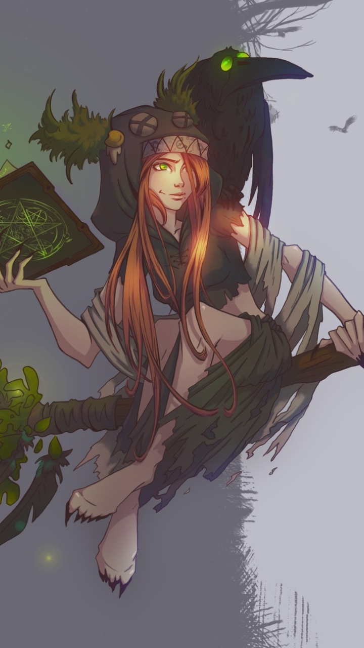 Download mobile wallpaper Fantasy, Raven, Green Eyes, Witch, Long Hair, Orange Hair for free.