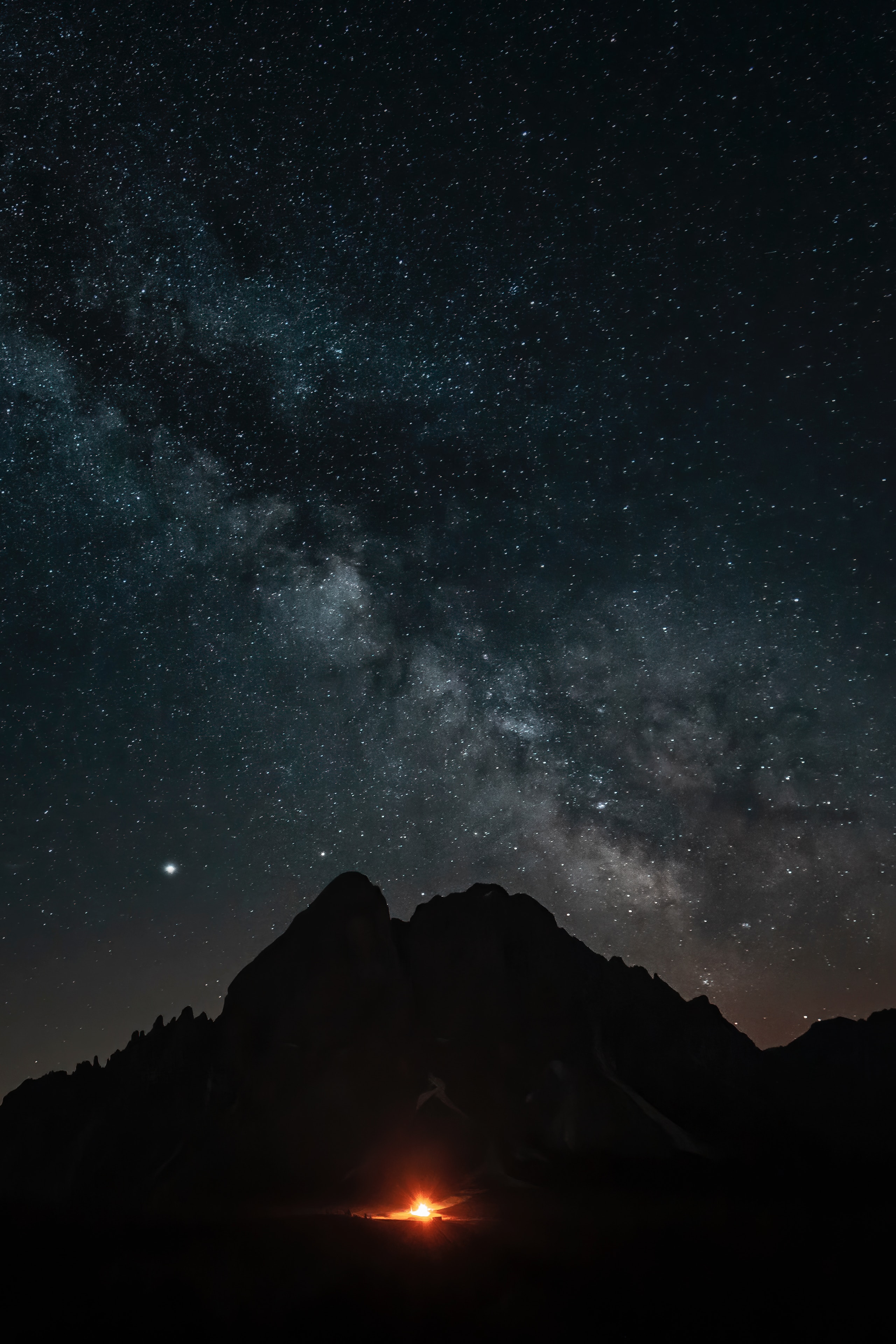 Download mobile wallpaper Darkness, Mountains, Starry Sky, Night, Bonfire, Dark for free.
