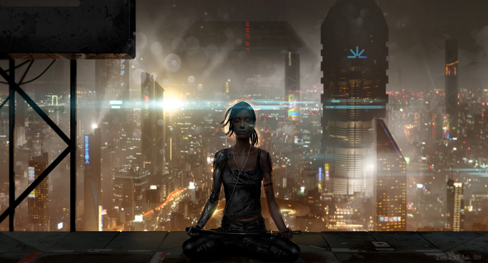 Download mobile wallpaper City, Skyscraper, Cityscape, Sci Fi, Cyborg, Katana, Women Warrior for free.