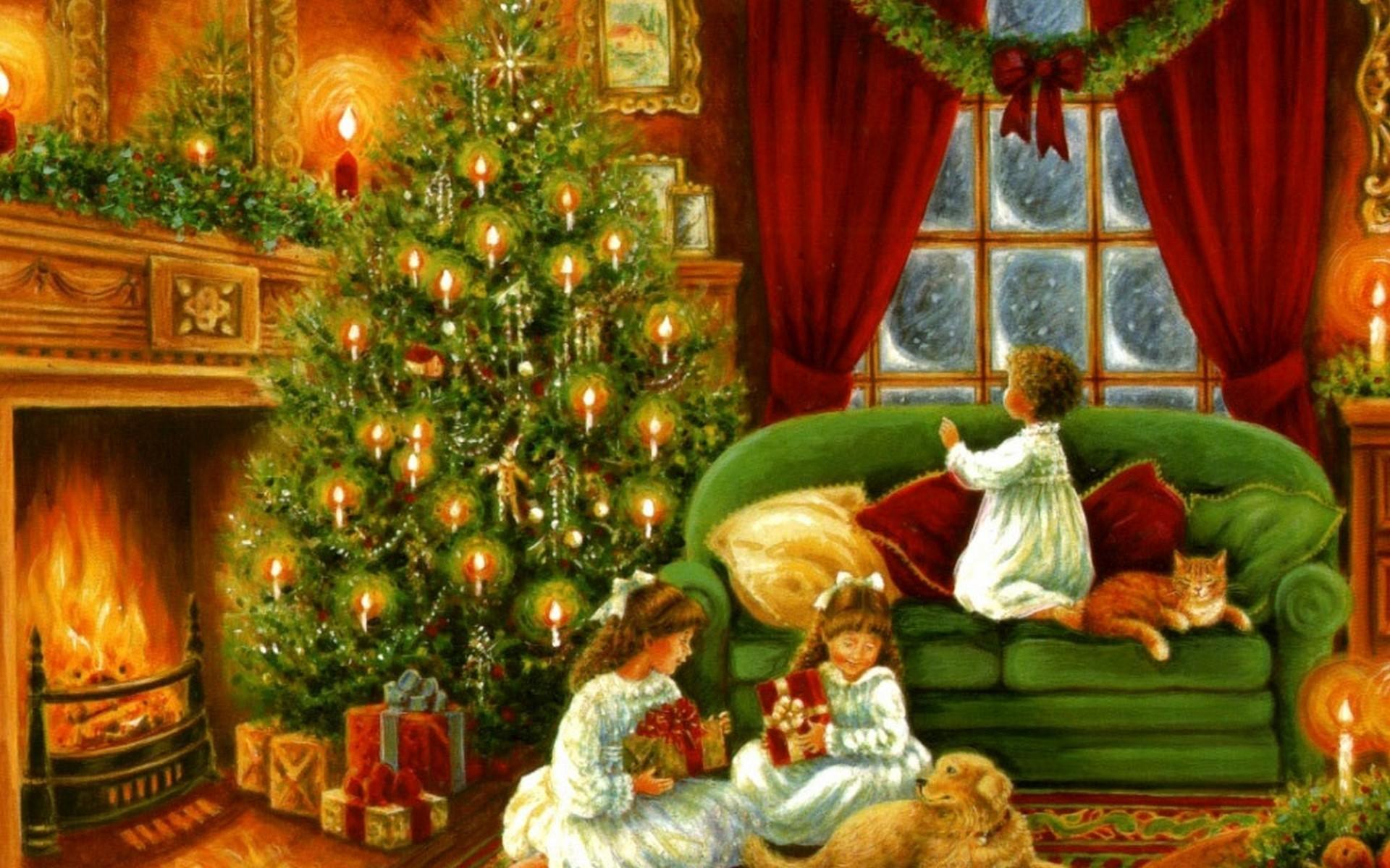 Скачать обои бесплатно Рождество, Картина, Рождественская Елка, Ребёнок, Камин, Праздничные картинка на рабочий стол ПК